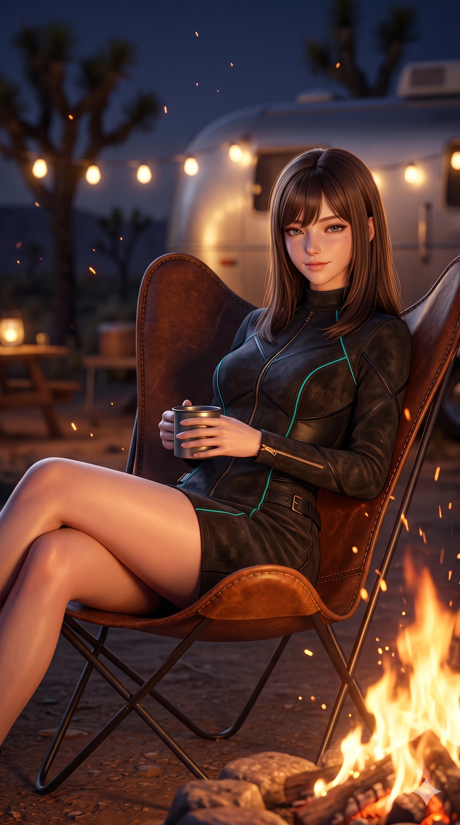 score_9, masterpiece, best quality, ultra-detailed, high-budget anime keyframe, semi-realistic 3D game render, editorial fashion photography, tasteful artistic composition, Korean woman. close-up cowboy shot from the waist and thighs up, the character dominates the composition, filling the frame with her large presence. perched sideways on the motorcycle saddle, one knee drawn up to showcase her slender leg line while her arched back accentuates her feminine hip curve while lounging in a vintage butterfly leather chair by the fire, holding a tin mug with effortless coquettish charm and bedroom-eyes as sparks float upward. The background shows a soft-focus curved aluminum trailer reflections, glowing camp string lights, and distant Joshua tree silhouettes blurred into silver, amber, and indigo bokeh. She has an exceptionally elegant, slender, and willowy female figure with an ultra-slim waist, flat toned midriff, narrow ribcage, and sculpted feminine hips creating an alluring, slim hourglass silhouette without bulk. sharp v-shaped jawline, high-bridge nose, sparkling eyes with hypnotic seductive depth, thick curled eyelashes, glossy parted lips with a natural dewy peach sheen, alluring bedroom-eyes with an enchanting coquettish smile, exuding magnetic siren charisma and sophisticated glamour, flawlessly proportioned anatomical accuracy, strict slender model proportions, natural body alignment, perfectly sculpted long slender limbs, ultra-slim waistline, clean dynamic posture without body distortion. wearing a modest long-sleeve suede desert shift dress with high neckline and geometric leather stitching in midnight obsidian black and neon cyan piping, woven from bespoke sun-bleached selvedge denim with rich tactile slub texture, finished with sleek heavy-duty brass zip pulls and buckled moto straps, the bespoke structured tailoring following the natural line of her 8.5-heads silhouette with refined elegance. illuminated by aluminum trailer reflection bounce and sharp amber-gold rim lighting sculpting her jawline, flat midriff, and voluptuous hip curves. highly saturated vibrant anime colors, detailed shading with soft gradients, rich glossy textures, high-contrast stereoscopic depth, volumetric dynamic lighting, master piece, 9:16 ratio