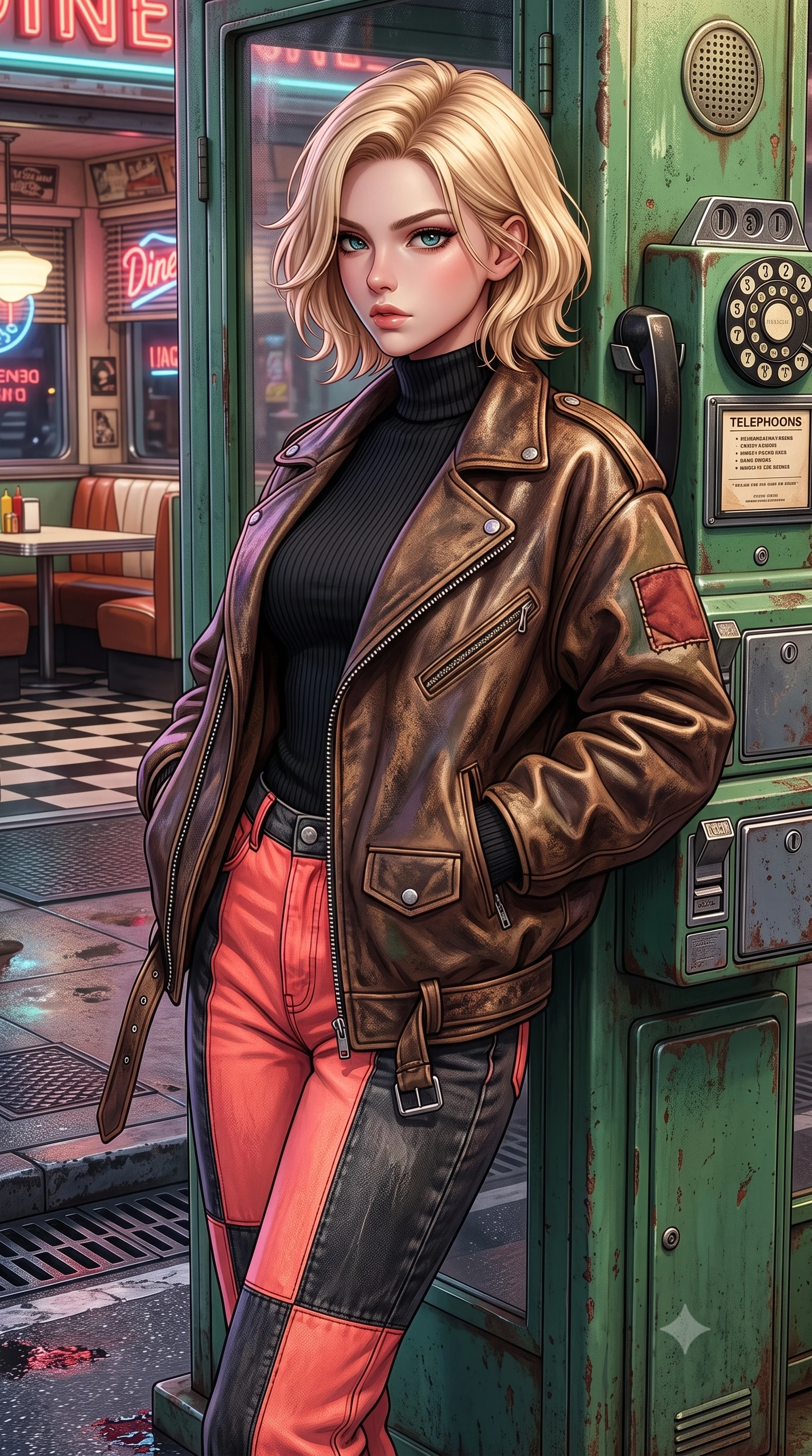 score_9, masterpiece, best quality, ultra-detailed, high-budget anime keyframe, semi-realistic 3D game render, editorial fashion photography, tasteful artistic composition, Caucasian woman. close-up cowboy shot from the waist and thighs up, the character dominates the composition, filling the frame with her large presence. radiating intense magnetic charisma with jewel-like eyes locked onto the viewer, her upper body turning in a dynamic, fluid S-curve while leaning against a vintage green telephone booth with hands in her jacket pockets, looking back over her shoulder. The surrounding environment is rendered in vivid detail and crisp panoramic clarity. detailed vintage diner booth interiors visible through glass, telephone coin slots, and drain grates in high clarity. She has an exceptionally elegant, slender, and willowy female figure with an ultra-slim waist, a gracefully sculpted slender torso, toned flat midriff, and a refined slim silhouette. sharp v-shaped jawline, high-bridge nose, intricate jewel-like eyes with depth, thick eyelashes, glossy lips with a natural sheen, captivating and magnetic expression, flawlessly proportioned anatomical accuracy, strict slender model proportions, natural body alignment, perfectly sculpted long slender limbs, ultra-slim waistline, clean dynamic posture without body distortion. wearing an iconic oversized vintage brown leather biker jacket worn over a snug ribbed turtleneck and high-rise mom jeans in retro neon coral and washed black denim, made of crisp lightweight vintage crinkle nylon, finished with a dainty waist ribbon bow and scalloped hemline trims, the glove-like aerodynamic second-skin fit tightly clinging to her ultra-slender waist and athletic curves without adding bulk, accentuating her razor-sharp statuesque lines and slim hourglass silhouette. surrounded by a romantic, moody, and irresistibly nostalgic 90s city-pop heroine aura. highly saturated vibrant anime colors, detailed shading with soft gradients, rich glossy textures, high-contrast stereoscopic depth, volumetric dynamic lighting, master piece, 9:16 ratio