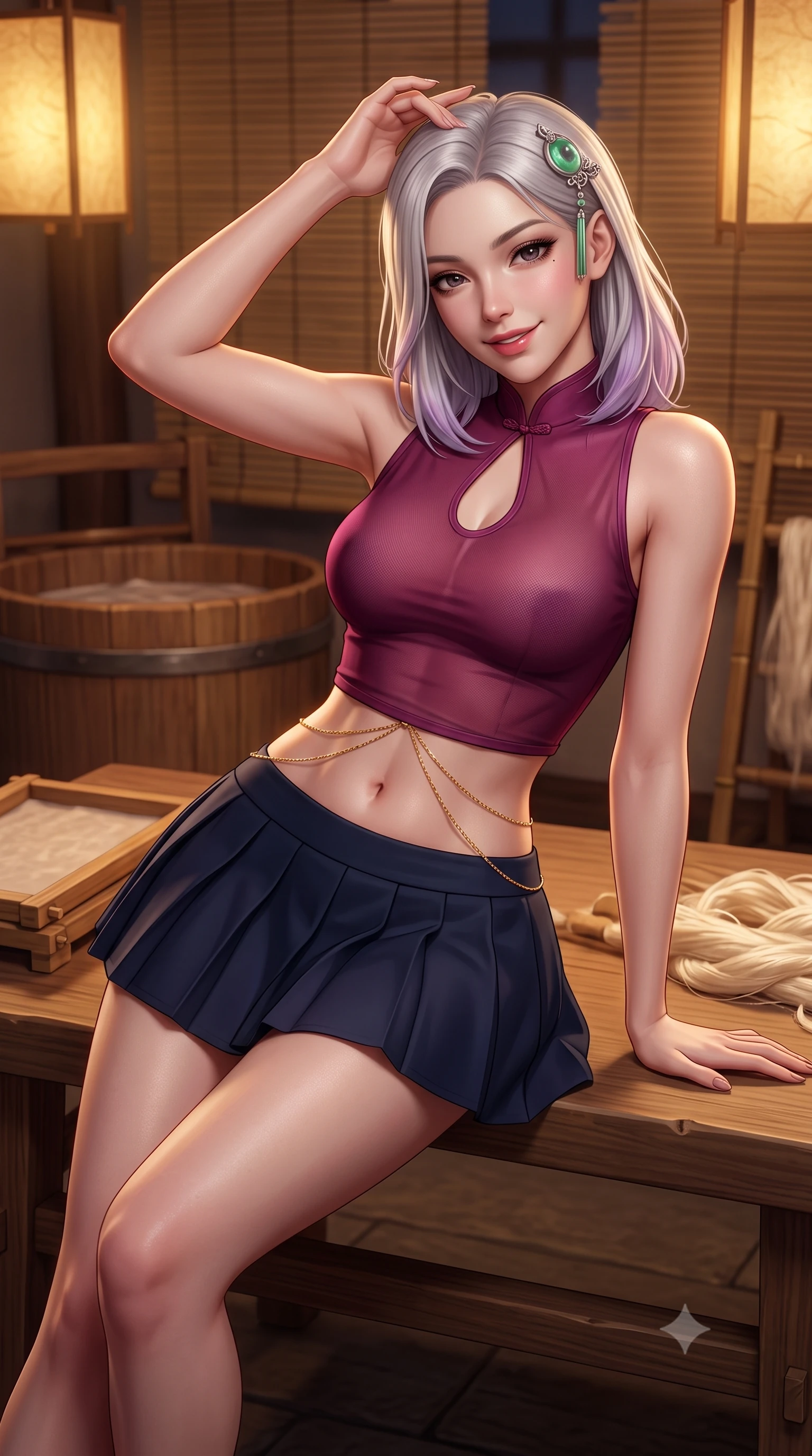 score_9, masterpiece, best quality, ultra-detailed, high-budget anime keyframe, semi-realistic 3D game render, editorial fashion photography, tasteful artistic composition, Caucasian woman. close-up cowboy shot from the waist and thighs up, the character dominates the composition, filling the frame with her large presence. tilting her head with an alluring smile while arching her spine with dancer poise, one hand touching her ornate jade hairpin in a flirtatious S-curve while lounging gracefully across a low wooden workbench covered in raw silk fibers, her flat midriff and long slender limbs radiant in warm candlelight. The background shows a soft-focus traditional wooden paper-making vats and bamboo screening frames softened in peaceful artisan shallow focus. She has an exceptionally elegant, slender, and willowy female figure with an ultra-slim waist, flat toned midriff, narrow ribcage, and sculpted feminine hips creating an alluring, slim hourglass silhouette without bulk. sharp v-shaped jawline, high-bridge nose, intricate jewel-like dark sparkling almond eyes with depth, thick lashes, glossy parted lips with a natural rose-plum sheen, bright alluring and coquettish smile with bedroom-eyes, exuding both timeless oriental elegance and sovereign high-fashion allure, flawlessly proportioned anatomical accuracy, strict slender model proportions, natural body alignment, perfectly sculpted long slender limbs, ultra-slim waistline, clean dynamic posture without body distortion. wearing a sleeveless modern qipao top with an elegant teardrop chest keyhole cutout paired with a curve-hugging pleated mini skirt in deep lotus magenta and matte midnight navy, made of sheer technical micro-mesh with contouring shadow effects, accented with a delicate gold body chain draping loosely across her flat midriff, the form-contouring cut accentuating her sculpted flat midriff, narrow delicate ribcage, and gracefully curvy hips with regal oriental supermodel elegance. bathed in warm diffuse amber lantern light filtered through translucent mulberry paper. highly saturated vibrant anime colors, detailed shading with soft gradients, rich glossy textures, high-contrast stereoscopic depth, volumetric dynamic lighting, master piece, 9:16 ratio