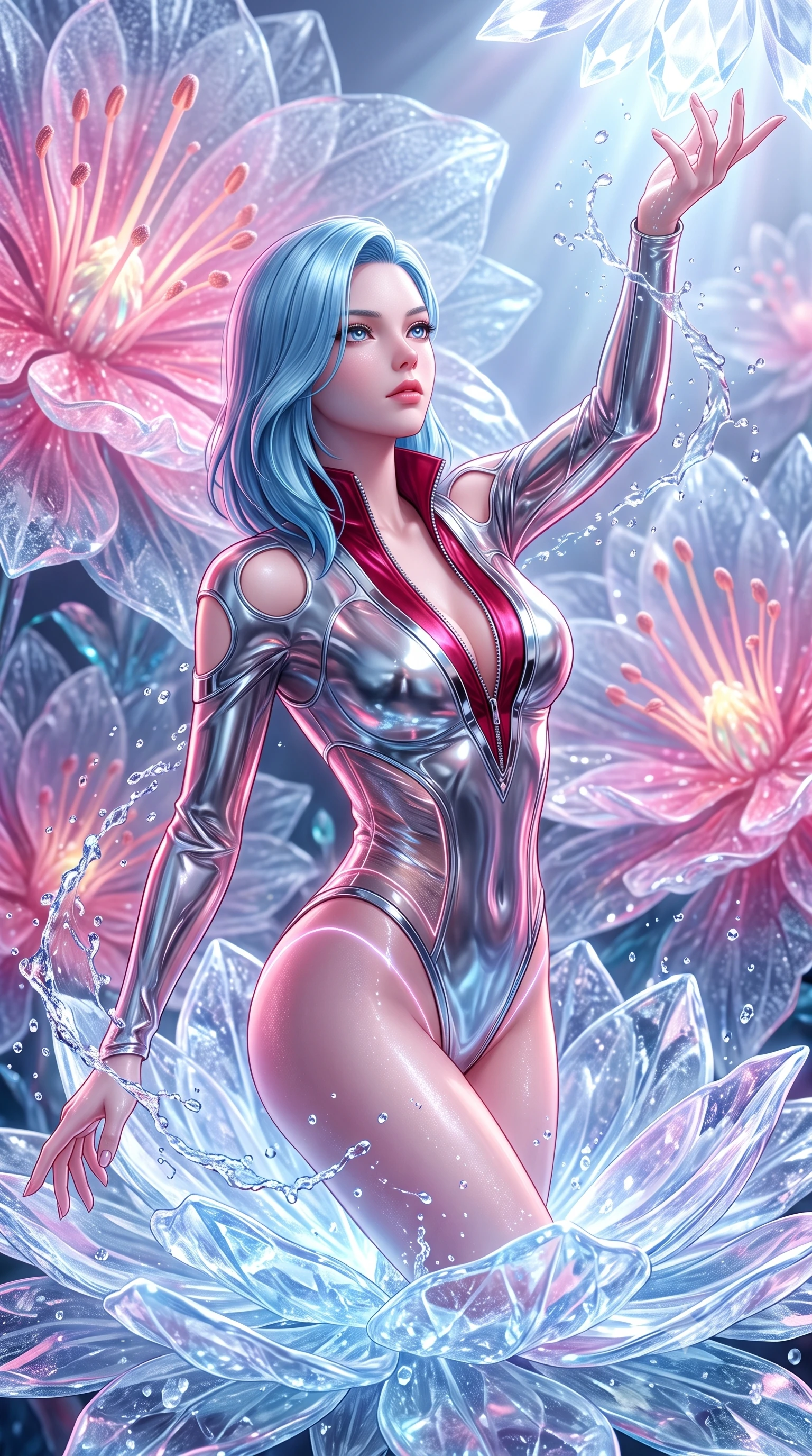 score_9, masterpiece, best quality, ultra-detailed, high-budget anime keyframe, semi-realistic 3D game render, editorial fashion photography, tasteful artistic composition, Korean woman. close-up cowboy shot from the waist and thighs up, the character dominates the composition, filling the frame with her large presence. extending one arm gracefully toward the light while her torso arches in a sleek, alluring curve with magnetic intensity while pivoting dynamically atop a luminous crystalline flower as water droplets splash in slow motion. The surrounding environment is rendered in vivid detail and crisp panoramic clarity. intricate frosted glass petal textures, water droplet ripples, and glowing floral stamens in deep focus. She has an exceptionally elegant, slender, and willowy female figure with an ultra-slim waist, a gracefully sculpted slender torso, and a refined silhouette. sharp v-shaped jawline, high-bridge nose, intricate jewel-like eyes with depth, thick eyelashes, glossy lips with a natural sheen, flawlessly proportioned anatomical accuracy, natural body alignment, perfectly sculpted elegant limbs, clean dynamic posture without body distortion. wearing a form-fitting top made of molten liquid-mercury fabric that clings to her curves, with strategic tear-drop shoulder cutouts and a dangerously unzipped front collar in deep ruby red and polished chrome accents, tailored from semi-translucent cybernetic vinyl with glowing micro-filaments, accented with glowing fiber-optic seams tracing her collarbones and hip curves, the glove-like fit tightly following every curve of her statuesque athletic build. bathed in pure crystal petal illumination and sparkling aquatic refractions. highly saturated vibrant anime colors, detailed shading with soft gradients, rich glossy textures, high-contrast stereoscopic depth, volumetric dynamic lighting, master piece, 9:16 ratio