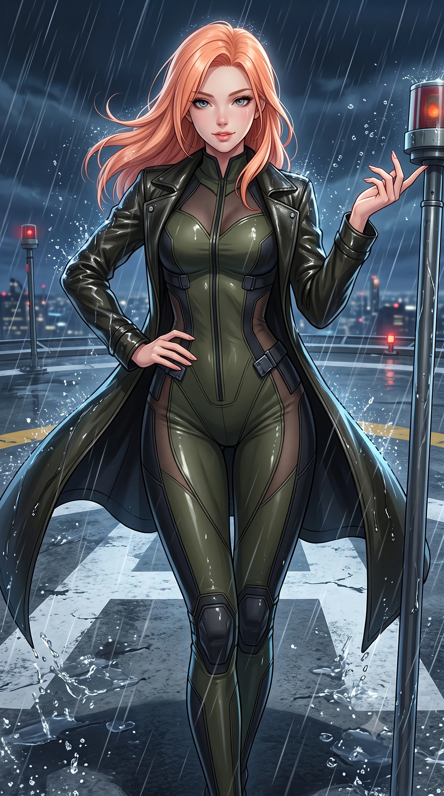 score_9, masterpiece, best quality, ultra-detailed, high-budget anime keyframe, semi-realistic 3D game render, editorial fashion photography, tasteful artistic composition, Japanese woman. close-up cowboy shot from the waist and thighs up, the character dominates the composition, filling the frame with her large presence. smiling with subtle, enchanting allure and glossy parted lips, one hand resting on her waist with effortless supermodel poise while pivoting dynamically as gale-force storm winds whip rain across the helipad markings, parrying an alarm sensor with poise. The surrounding environment is rendered in vivid detail and crisp panoramic clarity. sharp helipad marking paint textures, distinct water droplet splashes, and wet leather coat sheen in deep focus. She has an exceptionally elegant, slender, and willowy female figure with an ultra-slim waist, a gracefully sculpted slender torso, toned flat midriff, and a refined slim silhouette. sharp v-shaped jawline, high-bridge nose, intricate jewel-like eyes with depth, thick eyelashes, glossy lips with a natural sheen, captivating and magnetic expression, flawlessly proportioned anatomical accuracy, strict slender model proportions, natural body alignment, perfectly sculpted long slender limbs, ultra-slim waistline, clean dynamic posture without body distortion. wearing a high-mobility tactical jumpsuit featuring sheer contouring mesh panels and reinforced shoulders in dark olive drab and tactical matte black, tailored from fluid silk crepe with inner ballistic reinforcement, finished with high-mobility flexible armor joints and magnetic gear clasps, the form-contouring material adhering flawlessly to her sculpted flat midriff and slender torso, emphasizing her long leg lines and perfectly proportioned willowy build. illuminated by wet specular highlights tracing her sculpted flat midriff, waistline, and long legs. highly saturated vibrant anime colors, detailed shading with soft gradients, rich glossy textures, high-contrast stereoscopic depth, volumetric dynamic lighting, master piece, 9:16 ratio