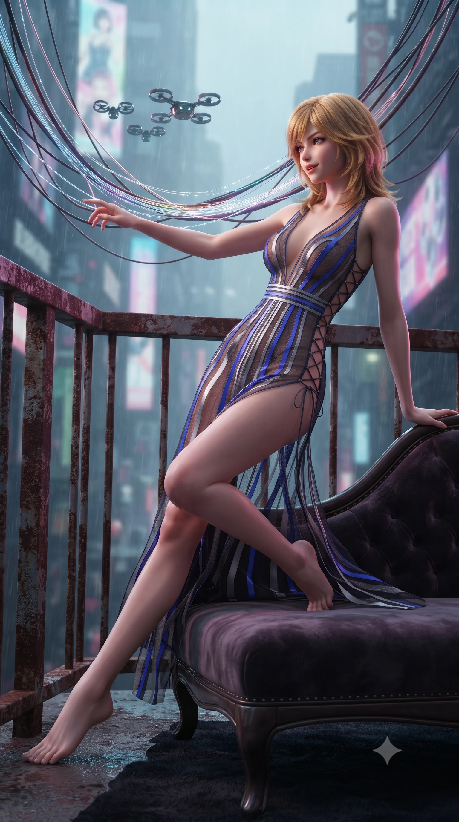 score_9, masterpiece, best quality, ultra-detailed, high-budget anime keyframe, editorial fashion photography, tasteful artistic composition, Korean woman. low angle full-body shot from head to toe showing her feet, filling the entire 9:16 vertical frame with her statuesque presence, stretching her vertical silhouette. reclining gracefully across the plush chaise lounge with one leg extended, her sculpted silhouette and flat midriff radiating magnetic nocturnal glamour while leaning against the rusted steel railing with hips cocked back, looking through tangled glowing fiber-optic cables at hovering surveillance spinners with smoldering bedroom-eyes. The background shows a soft-focus fine acid rain mist softened in cyberpunk Shinjuku alley canyon shallow focus. She has an exceptionally tall and slender model-like 8.5-heads proportion, an ultra-slim waist, a flat toned midriff, narrow delicate ribcage, and beautifully sculpted feminine hips creating a graceful, slim hourglass silhouette without any bulky heaviness, with impossibly long slender legs. sharp v-shaped jawline, high-bridge nose, intricate jewel-like sparkling eyes with depth, thick eyelashes, glossy parted lips with a natural peach sheen, bright cheerful beaming smile with an enchanting and coquettish sensual glint, exuding both youthful cute charm and seductive allure, flawlessly proportioned anatomical accuracy, strict slender model proportions, natural body alignment, perfectly sculpted long slender limbs, ultra-slim waistline, clean dynamic posture without body distortion. wearing a plunge-front sheer illusion tulle combat slip dress with liquid platinum ribbon stripes hugging her curves in Jovian storm amber and electric cobalt, woven from structured carbon-fiber jacquard with rich textural depth, featuring fine criss-cross lace-up side ties revealing tantalizing glimpses of her hip curve, the impeccably tailored cut draping gracefully along her slender figure with aristocratic poise. bathed in multi-colored ambient neon reflections from towering holographic advertisements mixed with cool rain reflections. ultra-reflective glossy finish, specular highlights, rich textural contrasts, high-contrast stereoscopic depth, volumetric dynamic lighting, 2k, ultra detail, master piece, 9:16 ratio