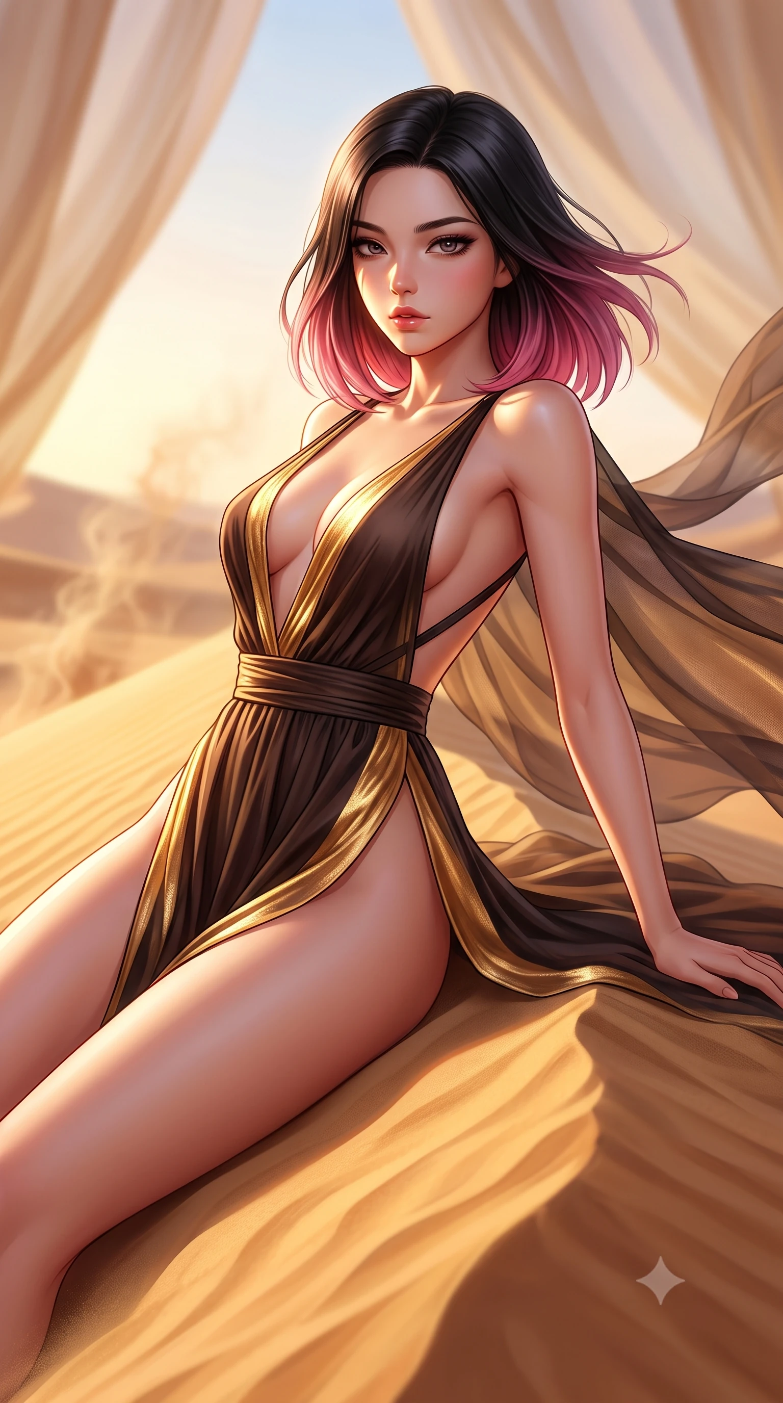 score_9, masterpiece, best quality, ultra-detailed, high-budget anime keyframe, semi-realistic 3D game render, editorial fashion photography, tasteful artistic composition, Korean woman. close-up cowboy shot from the waist and thighs up, the character dominates the composition, filling the frame with her large presence. leaning back with relaxed seductive grace, her sculpted collarbones and narrow waist highlighted as she casts smoldering bedroom-eyes directly into the camera while reclining on her side across the crest of a wind-sculpted golden sand dune, arching her lower back as desert sunset winds flutter her sheer silk cape. The composition keeps background elements in soft focus with creamy bokeh. billowing silk canopy drapes and rising desert heat haze softened in dreamy shallow focus. She has an exceptionally elegant, slender, and willowy female figure with an ultra-slim waist, a gracefully sculpted slender torso, toned flat midriff, and rounded feminine hips creating an alluring hourglass silhouette. sharp v-shaped jawline, high-bridge nose, intricate jewel-like eyes with depth, thick eyelashes, glossy parted lips with a natural sheen, intensely captivating and seductive bedroom-eyes expression, flawlessly proportioned anatomical accuracy, strict slender model proportions, natural body alignment, perfectly sculpted long slender limbs, ultra-slim waistline, clean dynamic posture without body distortion. wearing a plunging-V neckline silk crepe gown with open side slits ascending to the high hip in dark espresso brown and glowing gold foil, woven from fine textured cotton gauze that flutters in the desert wind, finished with criss-cross back straps highlighting her graceful shoulder blades, the form-contouring material adhering flawlessly to her sculpted flat midriff and slender torso, emphasizing her long leg lines and perfectly proportioned willowy build. illuminated by dramatic low-angle sun rays defining her razor-sharp jawline, narrow waist, and curvy hips. highly saturated vibrant anime colors, detailed shading with soft gradients, rich glossy textures, high-contrast stereoscopic depth, volumetric dynamic lighting, master piece, 9:16 ratio