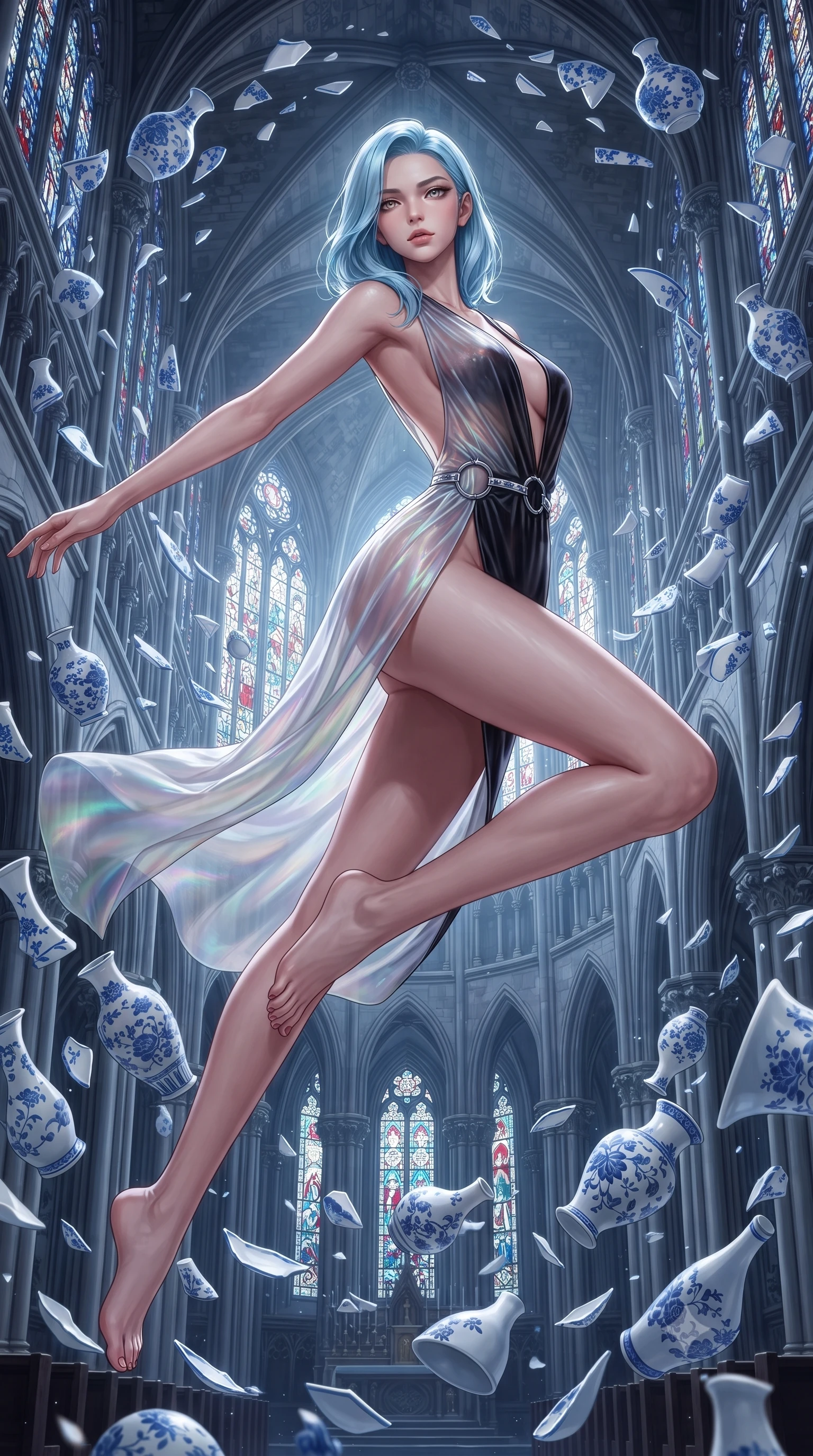 score_9, masterpiece, best quality, ultra-detailed, high-budget anime keyframe, editorial fashion photography, tasteful artistic composition, Korean woman. low angle full-body shot from head to toe showing her feet, filling the entire 9:16 vertical frame with her statuesque presence, stretching her vertical silhouette. forging dynamically through the scene with her long slender legs and ultra-slim waist creating a sweeping S-curve while leaping through an alchemical cathedral nave flanked by floating blue-and-white porcelain shards, intricate cobalt blue floral patterns on floating white ceramic vase shards. She has an absolutely perfect, statuesque 8.5-heads proportion, an exceptionally tall and slender model-like female figure with impossibly long slender legs and an ultra-slim waist. sharp v-shaped jawline, high-bridge nose, intricate jewel-like eyes with depth, thick eyelashes, glossy lips with a natural sheen, flawlessly proportioned anatomical accuracy, natural body alignment, perfectly sculpted elegant limbs, clean dynamic posture without body distortion. wearing a translucent iridescent chiffon gown with a plunging neckline and open back in matte black and polished silver, made of premium stretch velvet with a rich sheen, accented with delicate chrome ring hardware framing her waist, the tailored fabric tightly following every curve of her athletic build. surrounded by a majestic inner radiance highlighting glossy white porcelain. ultra-reflective glossy finish, specular highlights, metallic sheen, high-contrast stereoscopic depth, volumetric dynamic lighting, 2k, ultra detail, master piece, 9:16 ratio