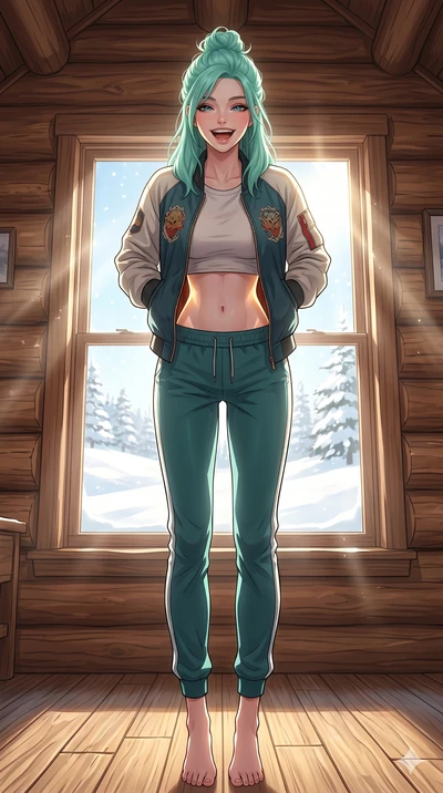 score_9, masterpiece, best quality, ultra-detailed, high-budget anime keyframe, vibrant anime aesthetic, Japanese woman. low angle full-body shot from head to toe showing her feet, filling the entire 9:16 vertical frame with her statuesque presence, 