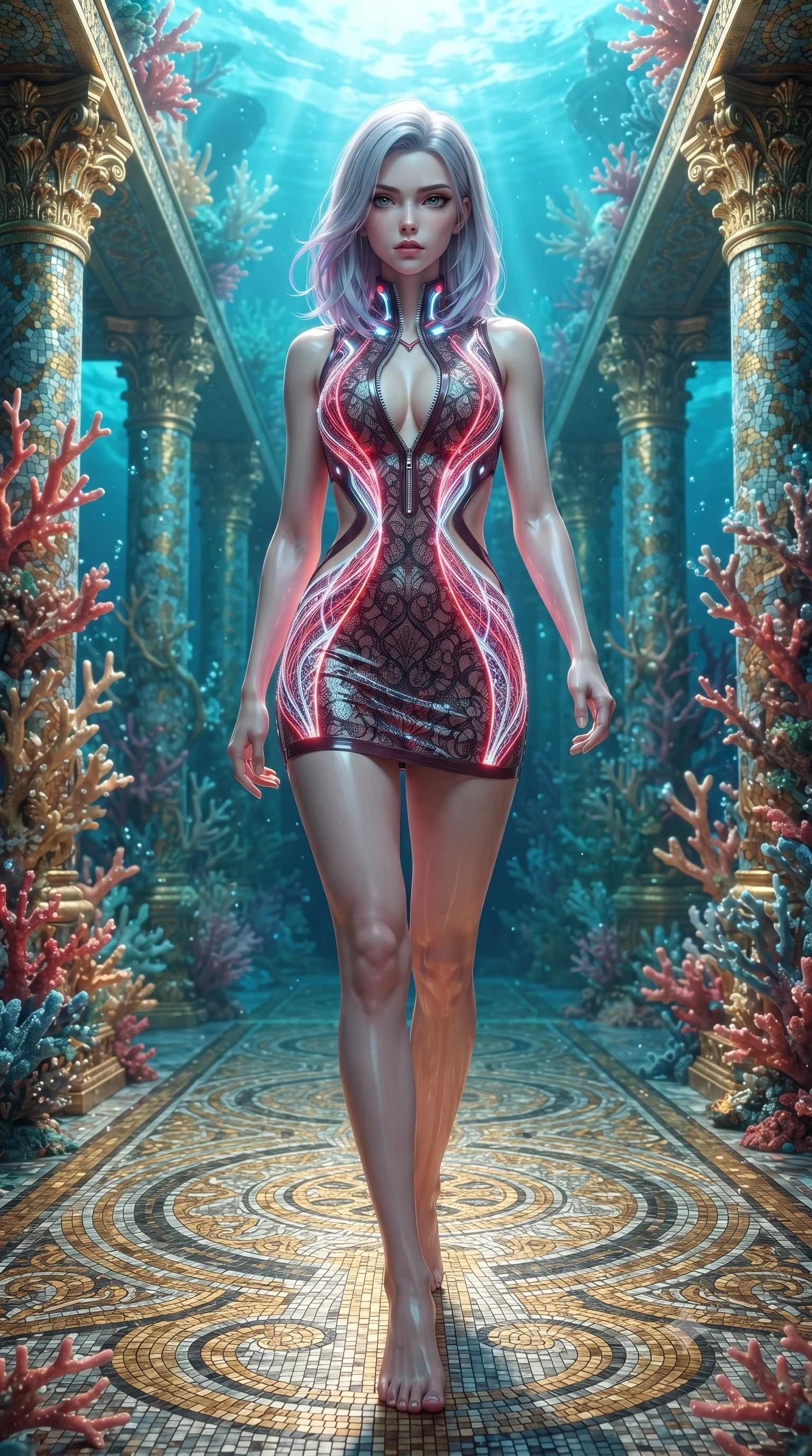 score_9, masterpiece, best quality, ultra-detailed, high-budget anime keyframe, editorial fashion photography, tasteful artistic composition, Caucasian woman. low angle full-body shot from head to toe showing her feet, filling the entire 9:16 vertical frame with her statuesque presence, stretching her vertical silhouette. striding forward in a proud, statuesque motion with a dangerous smolder, her vertical silhouette dominating the frame from head to toe while stepping along a coral-encrusted golden colonnade with an alluring, bedroom-eyed glance into the lens. The surrounding environment is rendered in vivid detail and crisp panoramic clarity. intricate gold mosaic floor patterns, sharp coral branch textures, and glowing aquatic caustics in deep focus. She has an absolutely perfect, statuesque 8.5-heads proportion, an exceptionally tall and slender model-like female figure with impossibly long slender legs, a toned flat midriff, and an ultra-slim waist. sharp v-shaped jawline, high-bridge nose, intricate jewel-like eyes with depth, thick eyelashes, glossy lips with a natural sheen, flawlessly proportioned anatomical accuracy, strict slender model proportions, natural body alignment, perfectly sculpted long slender limbs, ultra-slim waistline, clean dynamic posture without body distortion. wearing a second-skin fashion-latex mini dress with a clean architectural front, featuring an open-back design that wraps around the sides of her waist, showcasing her slender silhouette in radiant crimson silk and crisp snow white, crafted from delicate dark lace interwoven with luminescent micro-fibers, featuring a dangerously unzipped neckline framed by glowing cybernetic accents, the precision-cut daring openings accentuating her delicate midriff, graceful bare collarbones, and ultra-slim feminine waistline. surrounded by an opulent, mystical, and breathtakingly sensual underwater kingdom aura. ultra-reflective glossy finish, specular highlights, metallic sheen, high-contrast stereoscopic depth, volumetric dynamic lighting, 2k, ultra detail, master piece, 9:16 ratio