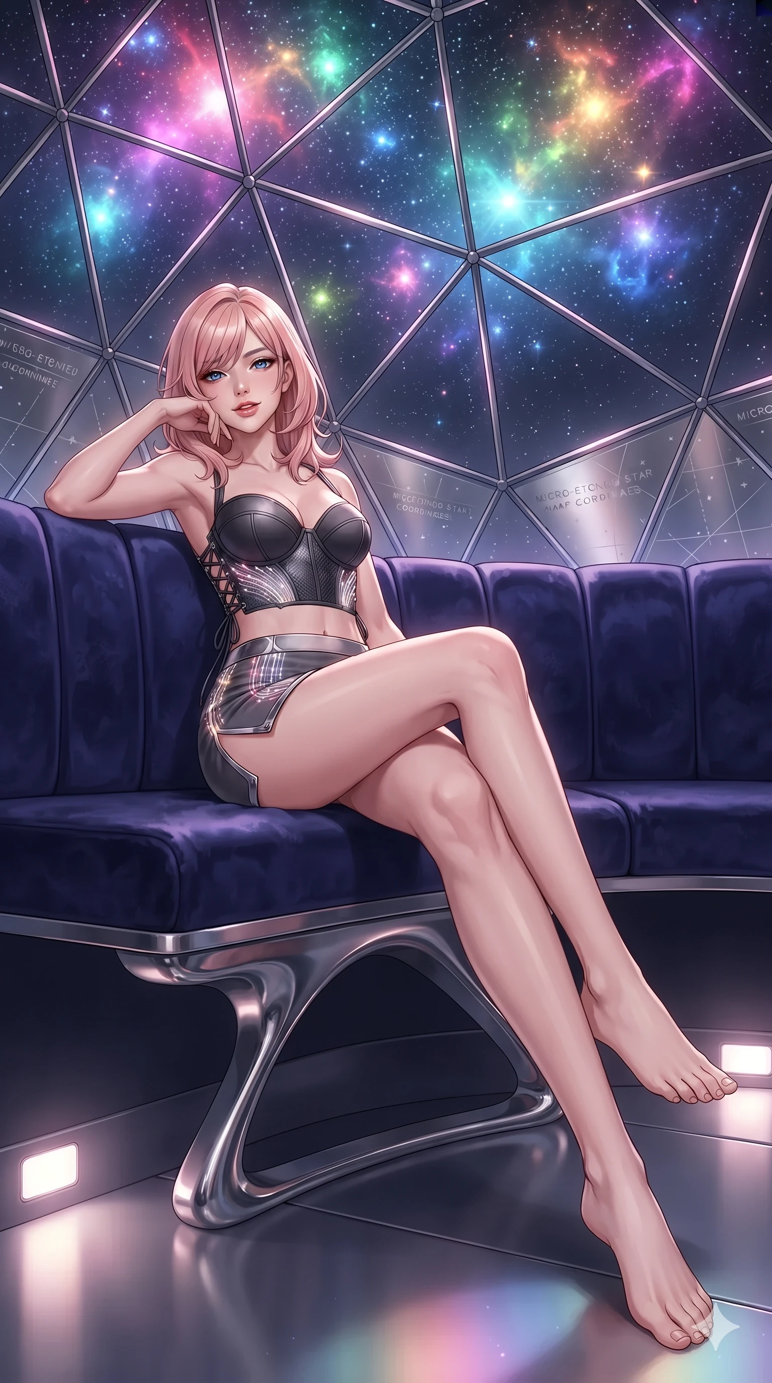 score_9, masterpiece, best quality, ultra-detailed, high-budget anime keyframe, editorial fashion photography, tasteful artistic composition, Japanese woman. low angle full-body shot from head to toe showing her feet, filling the entire 9:16 vertical frame with her statuesque presence, stretching her vertical silhouette. lounging in a plush velvet VIP booth propped on one elbow with legs crossed, flashing an intoxicating smile with parted glossy lips while sitting gracefully on the sculptural chrome bench with legs crossed, flashing an enchanting smile with parted glossy lips under the canopy of a thousand newborn stars. The surrounding environment is rendered in vivid detail and crisp panoramic clarity: sharp geodesic dome frame struts, micro-etched star map coordinates, and polished chrome bench curves in deep focus. She has an absolutely perfect, statuesque 8.5-heads proportion, an exceptionally tall and slender model-like female figure with impossibly long slender legs, an ultra-slim waist, a flat toned midriff, narrow delicate ribcage, and beautifully sculpted feminine hips creating a graceful, slim hourglass silhouette without any bulky heaviness. sharp v-shaped jawline, high-bridge nose, intricate jewel-like sparkling eyes with depth, thick eyelashes, glossy parted lips with a natural sheen, bright confident smile with an enchanting and coquettish sensual glint, exuding both youthful magnetic charm and sovereign high-tech allure, flawlessly proportioned anatomical accuracy, strict slender model proportions, natural body alignment, perfectly sculpted long slender limbs, ultra-slim waistline, clean dynamic posture without body distortion. wearing a sculpted matte carbon underwire crop bustier with lace-up side ties paired with a low-rise micro skirt in charcoal grey and polished chrome, adorned with delicate chrome ring hardware and cutouts along her slender waist, accented with illuminated micro-fiber optic circuit threads tracing along her ribs and spine, the form-contouring cut accentuating her sculpted flat midriff, narrow delicate ribcage, and gracefully curvy hips with cybernetic supermodel precision. bathed in the soft, multi-colored omnidirectional glow of glowing stellar nebulae combined with crisp under-floor floor uplights. ultra-reflective glossy finish, specular highlights, rich textural contrasts, high-contrast stereoscopic depth, volumetric dynamic lighting, 2k, ultra detail, master piece, 9:16 ratio