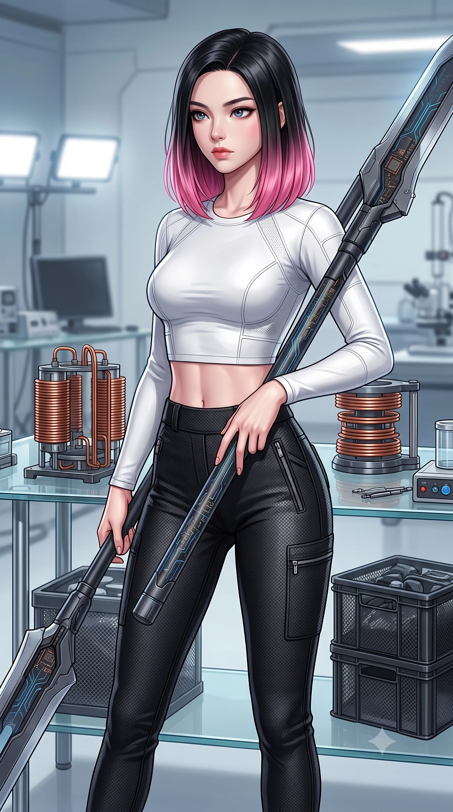 score_9, masterpiece, best quality, ultra-detailed, high-budget anime keyframe, editorial fashion photography, tasteful artistic composition, Korean woman. close-up cowboy shot from the waist and thighs up, the character dominates the composition, filling the frame with her large presence, background elements kept in soft focus. holding a deactivated nanotech glaive, looking past the camera with quiet, sharp focus and a composed expression, the background shows a soft-focus a test laboratory with glass tables, copper coils, and carbon-mesh containers. She has an exceptionally elegant, slender, and willowy female figure with an ultra-slim waist, a gracefully sculpted slender torso, and a refined silhouette. sharp v-shaped jawline, high-bridge nose, intricate jewel-like eyes with depth, thick eyelashes, glossy lips with a natural sheen. wearing a tailored body-hugging long-sleeve tactical crop top in pure white, paired with high-waisted black carbon-weave skinny pants. bright halogen work lights casting clear, detailed front lighting and soft shadows. highly saturated vibrant anime colors, detailed shading with soft gradients, rich glossy textures, high-contrast stereoscopic depth, volumetric dynamic lighting, master piece, 9:16 ratio