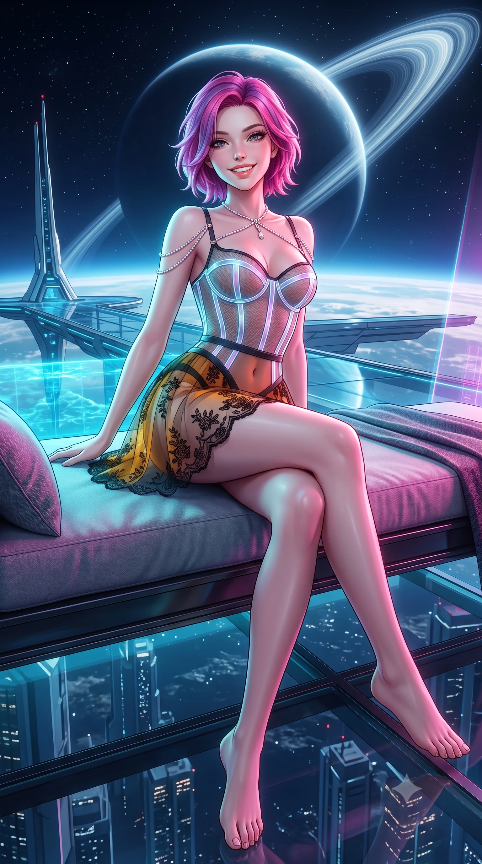 score_9, masterpiece, best quality, ultra-detailed, high-budget anime keyframe, semi-realistic 3D game render, editorial fashion photography, tasteful artistic composition, Caucasian woman. low angle full-body shot from head to toe showing her feet, filling the entire 9:16 vertical frame with her statuesque presence, stretching her vertical silhouette. lounging on the lavish daybed with legs crossed and hips angled toward the camera, displaying her toned midriff and long slender limbs with effortless siren poise while standing poised at the edge of the floating zero-gravity glass platform, arching her spine with cyber-goddess poise as the colossal illuminated planetary orbital ring arcs across the midnight sky. The surrounding environment is rendered in vivid detail and crisp panoramic clarity: detailed cyber-mesh sheer bodysuit with luminescent holographic fiber piping, and advanced aerospace architecture in razor-sharp precision. She has an exceptionally tall and slender model-like 8.5-heads proportion, an ultra-slim waist, a flat toned midriff, narrow delicate ribcage, and beautifully sculpted feminine hips creating a graceful, slim hourglass silhouette without any bulky heaviness, with impossibly long slender legs. sharp v-shaped jawline, high-bridge nose, intricate jewel-like sparkling eyes with depth, thick eyelashes, glossy parted lips with a natural peach sheen, bright cheerful beaming smile with an enchanting and coquettish sensual glint, exuding both youthful cute charm and seductive allure, flawlessly proportioned anatomical accuracy, strict slender model proportions, natural body alignment, perfectly sculpted long slender limbs, ultra-slim waistline, clean dynamic posture without body distortion. wearing a sculpted underwire cyber-corset in translucent tech-tulle with illuminated boning channels paired with a sheer mini skirt in Hakone steaming sulfur amber and volcanic basalt black, made of delicate embroidered tulle lace with intricate floral motifs and soft transparency, accented with a pearl-drop body harness subtly framing her dewy collarbones and spine, the liquid-tight tailored fabric clinging flawlessly to her narrow waist and rounded feminine hips, emphasizing every millimeter of her sculpted slim hourglass curves without any bulky heaviness. bathed in the dramatic cyan-and-magenta ambient of holographic sea projections contrasted with cool starlight. highly saturated vibrant anime colors, detailed shading with soft gradients, rich glossy textures, high-contrast stereoscopic depth, volumetric dynamic lighting, master piece, 9:16 ratio