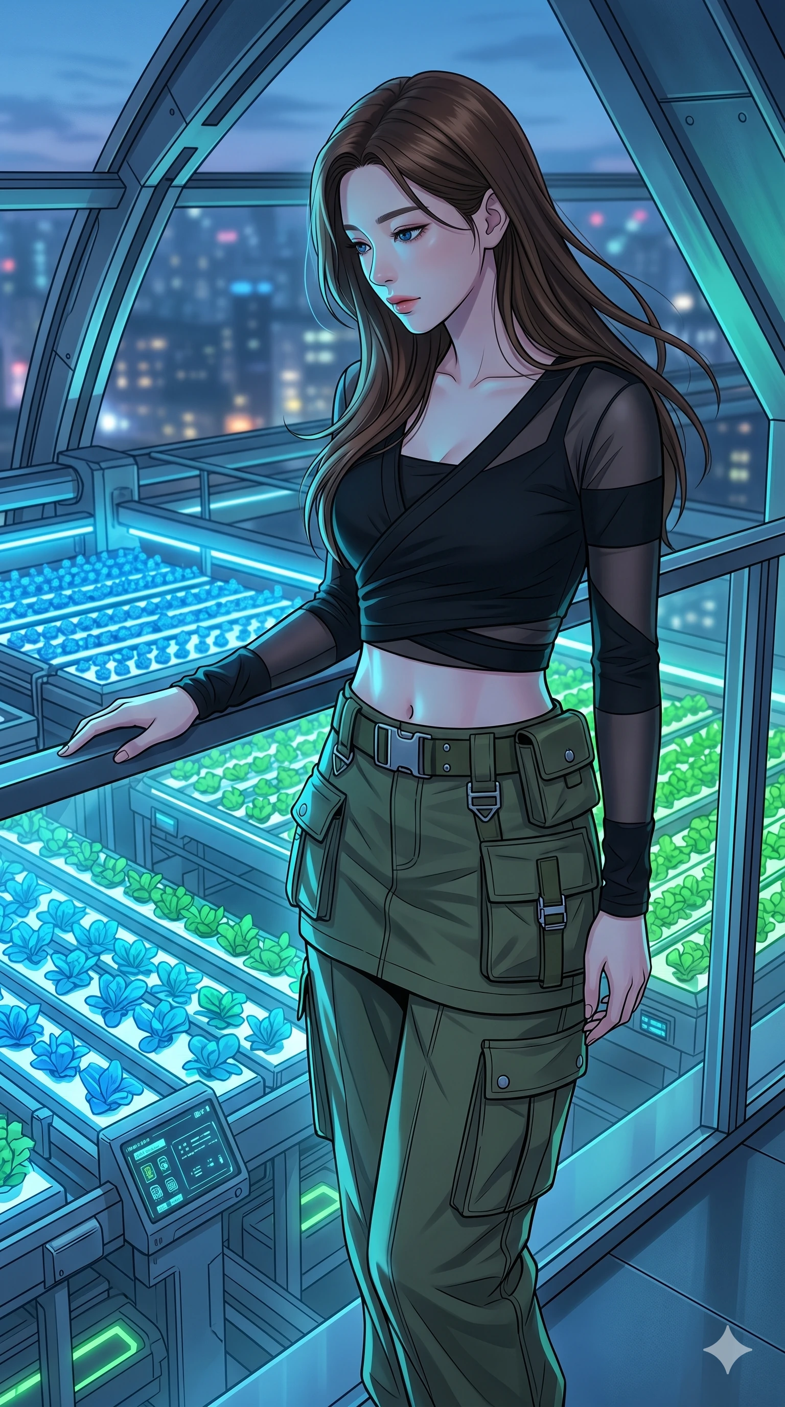 score_9, masterpiece, best quality, ultra-detailed, high-budget anime keyframe, editorial fashion photography, tasteful artistic composition, Korean woman. Upper body close-up from the thighs up, character filling the screen for maximum presence. Standing on a balcony overlooking a neon-lit organic farm, looking at the rows of glowing crops with a thoughtful, serene look. She is wearing a cropped wrap top with sheer panels and cargo pants with utility belt. The scene is illuminated by the blue and green light of the farm fields below. 2k, ultra detail, master piece, 9:16 ratio