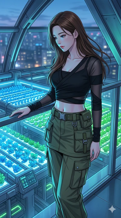 score_9, masterpiece, best quality, ultra-detailed, high-budget anime keyframe, editorial fashion photography, tasteful artistic composition, Korean woman. Upper body close-up from the thighs up, character filling the screen for maximum presence. Sta