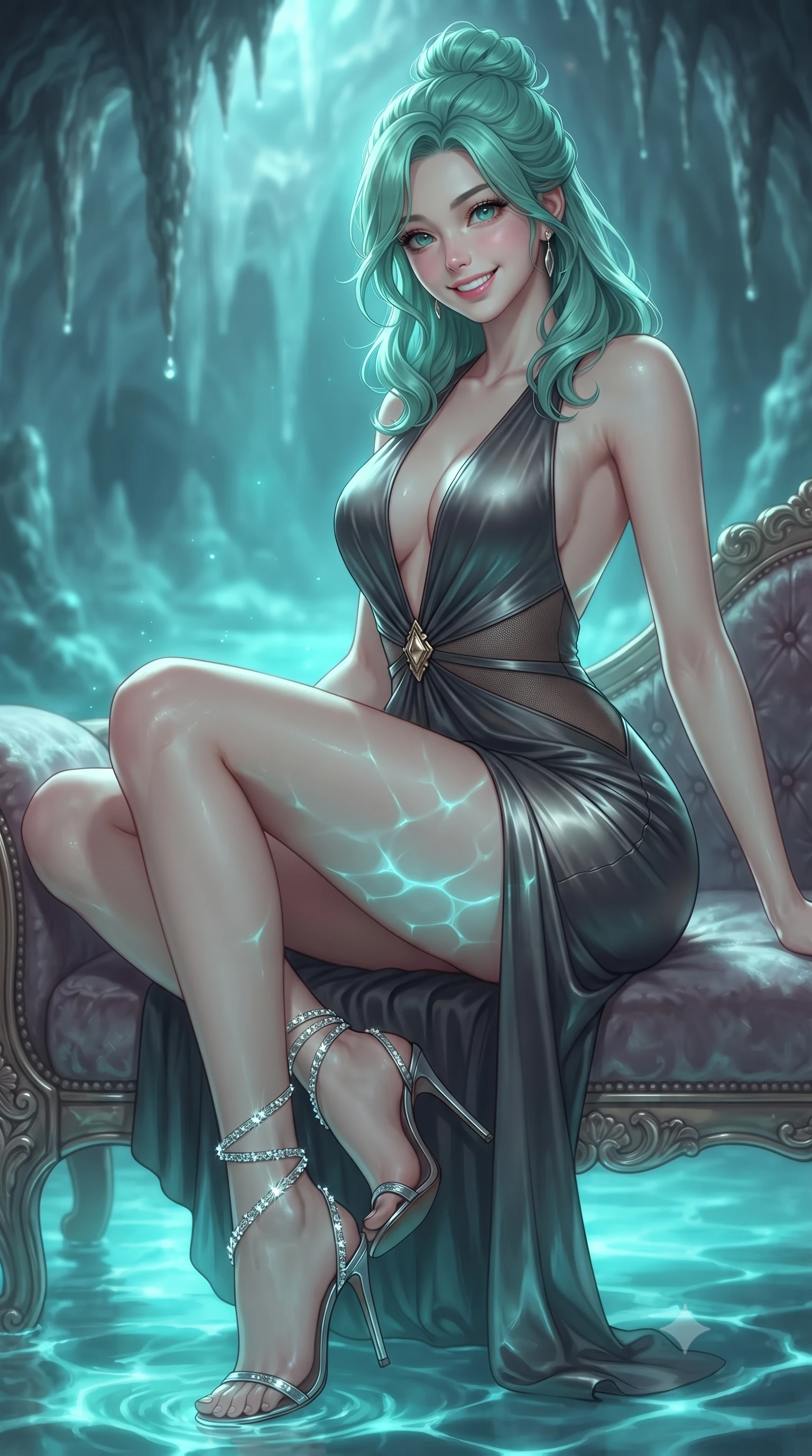 score_9, masterpiece, best quality, ultra-detailed, high-budget anime keyframe, editorial fashion photography, tasteful artistic composition, Japanese woman. close-up cowboy shot from the waist and thighs up, the character dominates the composition, filling the frame with her large presence. perched sideways on the lounge seat, one knee drawn up to showcase her slender leg line while her arched back accentuates her feminine hip curve while twisting her slender torso in an alluring S-curve, glowing cyan water reflections rippling across her flat midriff and curvaceous hips. The background shows a soft-focus dripping mineral stalactites softened in intimate mystical grotto shallow focus. She has an exceptionally elegant, slender, and willowy female figure with an ultra-slim waist, flat toned midriff, narrow ribcage, and sculpted feminine hips creating an alluring, slim hourglass silhouette without bulk. sharp v-shaped jawline, high-bridge nose, intricate jewel-like sparkling eyes with depth, thick eyelashes, glossy parted lips with a natural peach sheen, bright cheerful beaming smile with an enchanting and coquettish sensual glint, exuding both youthful cute charm and seductive allure, flawlessly proportioned anatomical accuracy, strict slender model proportions, natural body alignment, perfectly sculpted long slender limbs, ultra-slim waistline, clean dynamic posture without body distortion. wearing a backless Grecian silk chiffon mini dress with a deep plunging V-neckline and gold waist brooch in smoky charcoal noir and reflective metallic platinum, made of semi-opaque stretch illusion mesh with soft shadowy contours along her waist, complemented by strappy stiletto sandals with crystal ankle wraps accentuating her slender calves, the glove-like clinging cut tightly following the natural contour of her hips and long slender legs with youthful 8.5-heads elegance. bathed in ethereal bioluminescent cyan-teal glow radiating from the sea water mixed with cool silver moonlight. ultra-reflective glossy finish, specular highlights, rich textural contrasts, high-contrast stereoscopic depth, volumetric dynamic lighting, 2k, ultra detail, master piece, 9:16 ratio