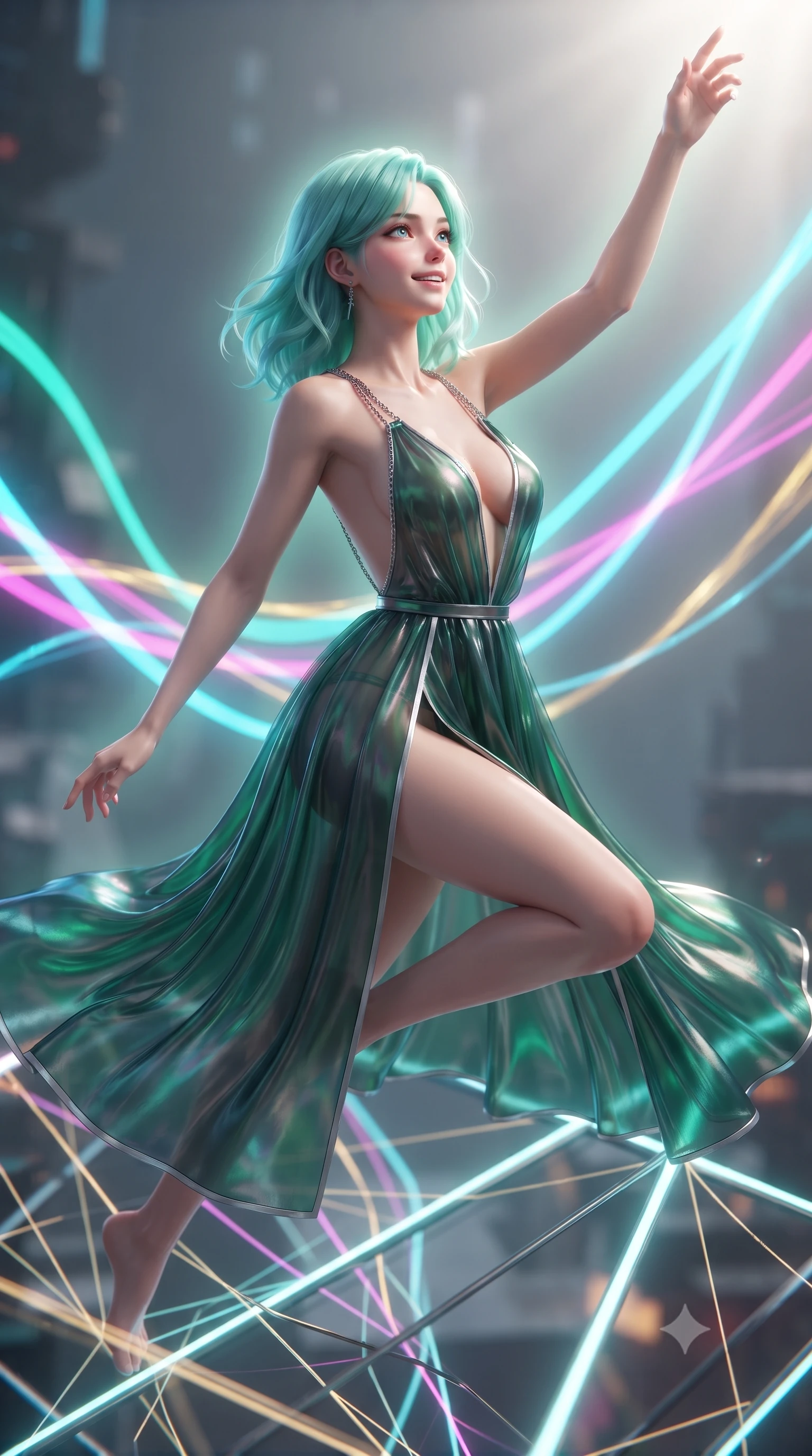 score_9, masterpiece, best quality, ultra-detailed, high-budget anime keyframe, editorial fashion photography, tasteful artistic composition, Japanese woman. close-up cowboy shot from the waist and thighs up, the character dominates the composition, filling the frame with her large presence, background elements kept in soft focus. Extending one arm in an elegant stretch toward the light while smiling with magnetic self-assurance while leaping across a geometric light matrix with glowing filament threads fluttering behind her, fluorescent cyan, magenta, and gold plasma ribbons crossing in 3D space. She has an exceptionally elegant, slender, and willowy female figure with an ultra-slim waist, a gracefully sculpted slender torso, and a refined silhouette. sharp v-shaped jawline, high-bridge nose, intricate jewel-like eyes with depth, thick eyelashes, glossy lips with a natural sheen, flawlessly proportioned anatomical accuracy, natural body alignment, perfectly sculpted elegant limbs, clean dynamic posture without body distortion. wearing a translucent iridescent chiffon gown with a plunging neckline and open back in deep emerald green and silver accent, made of fine carbon-fiber weave and soft matte leather, adorned with delicate metallic chain straps along the neckline, the sleek second-skin texture accentuating her magnetic presence. surrounded by a vibrant fluorescent aura with bright specular rim lights. ultra-reflective glossy finish, specular highlights, metallic sheen, high-contrast stereoscopic depth, volumetric dynamic lighting, 2k, ultra detail, master piece, 9:16 ratio