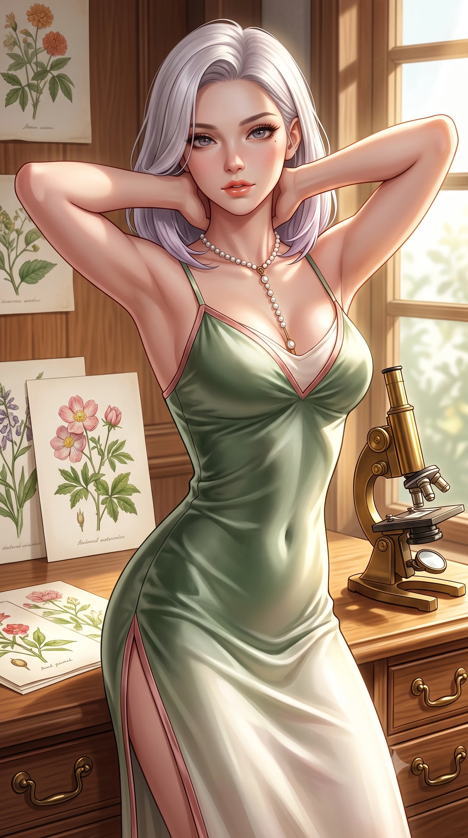 score_9, masterpiece, best quality, ultra-detailed, high-budget anime keyframe, semi-realistic 3D game render, editorial fashion photography, tasteful artistic composition, Caucasian woman. close-up cowboy shot from the waist and thighs up, the character dominates the composition, filling the frame with her large presence. resting both hands lightly behind her neck with elbows raised, arching her spine to highlight her narrow waist, flat midriff, and breathtaking collarbones while twisting her slender torso in an alluring S-curve beside the brass microscope, afternoon sunbeams illuminating her narrow waist and hips. The surrounding environment is rendered in vivid detail and crisp panoramic clarity: sharp antique brass drawer pull handles, detailed hand-painted botanical watercolors, and polished oak wood grain in deep focus. She has an exceptionally elegant, slender, and willowy female figure with an ultra-slim waist, flat toned midriff, narrow ribcage, and sculpted feminine hips creating an alluring, slim hourglass silhouette without bulk. sharp v-shaped jawline, high-bridge nose, sparkling eyes with hypnotic seductive depth, thick curled eyelashes, glossy parted lips with a natural dewy peach sheen, alluring bedroom-eyes with an enchanting coquettish smile, exuding magnetic siren charisma and sophisticated glamour, flawlessly proportioned anatomical accuracy, strict slender model proportions, natural body alignment, perfectly sculpted long slender limbs, ultra-slim waistline, clean dynamic posture without body distortion. wearing a form-contouring gossamer silk chiffon slip dress with a hip-high slit and open back, clinging smoothly with dewy moisture in botanical sage green and pure pearlescent ivory with rose trims, tailored from ultra-plush velvet with rich tactile depth and deep shadow gradients, finished with a pearl-drop body harness subtly framing her dewy collarbones and spine, the second-skin tailored fabric adhering flawlessly to her sculpted flat midriff and slender torso, emphasizing her long leg lines and perfectly proportioned willowy build. illuminated by parchment reflection fill and sharp warm-amber rim lights defining her delicate clavicles, narrow waist, and curvy hips. highly saturated vibrant anime colors, detailed shading with soft gradients, rich glossy textures, high-contrast stereoscopic depth, volumetric dynamic lighting, master piece, 9:16 ratio