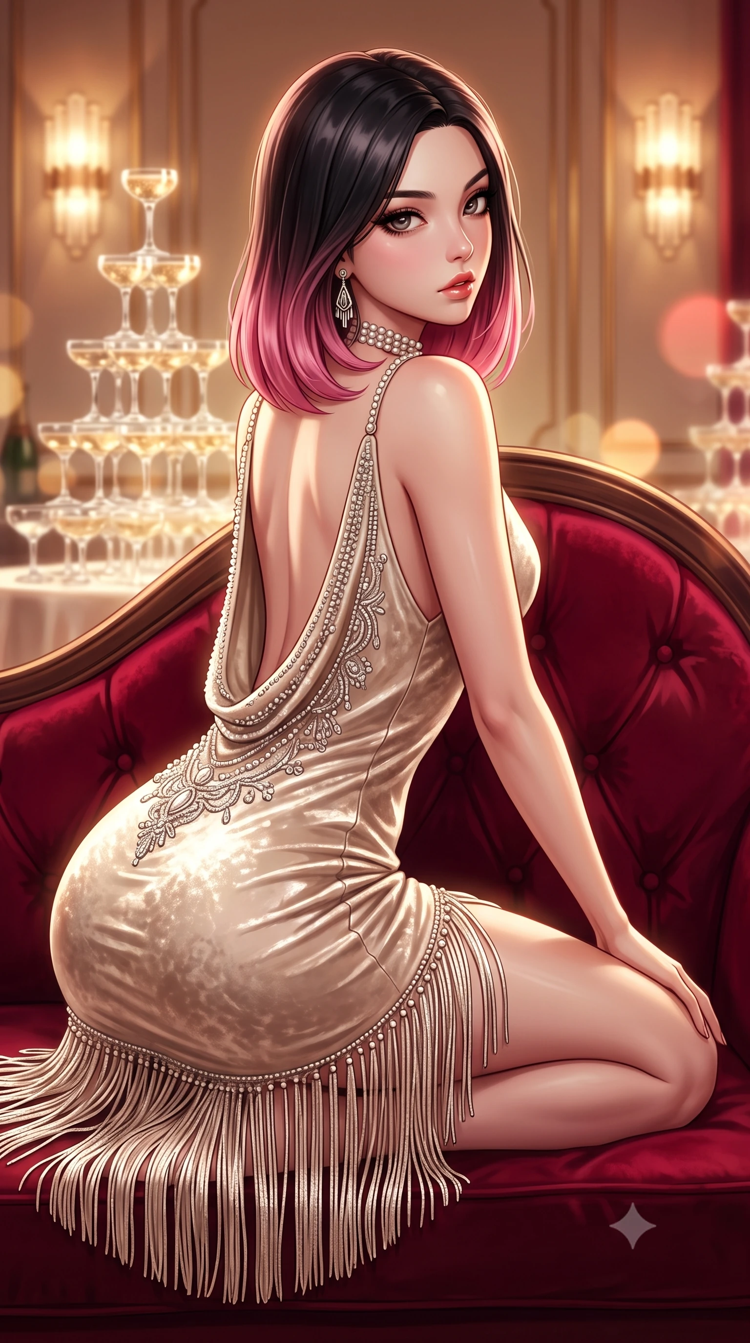 score_9, masterpiece, best quality, ultra-detailed, high-budget anime keyframe, semi-realistic 3D game render, editorial fashion photography, tasteful artistic composition, Korean woman. close-up cowboy shot from the waist and thighs up, the character dominates the composition, filling the frame with her large presence. twisting her slender torso in a deep contrapposto stance, hips dramatically shifted to accentuate her feminine curves while looking past her shoulder with smoldering bedroom-eyes while reclining on a plush velvet chaise lounge with one knee drawn up, smoldering eyes locked onto the viewer with dangerous flapper allure. The composition keeps background elements in soft focus with creamy bokeh. towering crystal champagne pyramids and glowing art-deco wall sconces blurred into warm champagne, whiskey-gold, and ruby bokeh. She has an exceptionally elegant, slender, and willowy female figure with an ultra-slim waist, a gracefully sculpted slender torso, toned flat midriff, and rounded feminine hips creating an alluring hourglass silhouette. sharp v-shaped jawline, high-bridge nose, intricate jewel-like eyes with depth, thick eyelashes, glossy parted lips with a natural sheen, intensely captivating and seductive bedroom-eyes expression, flawlessly proportioned anatomical accuracy, strict slender model proportions, natural body alignment, perfectly sculpted long slender limbs, ultra-slim waistline, clean dynamic posture without body distortion. wearing a beaded champagne slip dress with an ultra-deep cowl back descending to her waistline in shimmering silver mercury and pearl white, crafted from heavyweight crushed silk velvet with liquid vintage luster, finished with tiered silk fringe tassels that sway with every feminine hip movement, the glove-like aerodynamic silhouette tightly following the natural contour of her hips and long slender legs with statuesque precision. bathed in warm incandescent chandelier warmth and vintage amber neon glow. highly saturated vibrant anime colors, detailed shading with soft gradients, rich glossy textures, high-contrast stereoscopic depth, volumetric dynamic lighting, master piece, 9:16 ratio