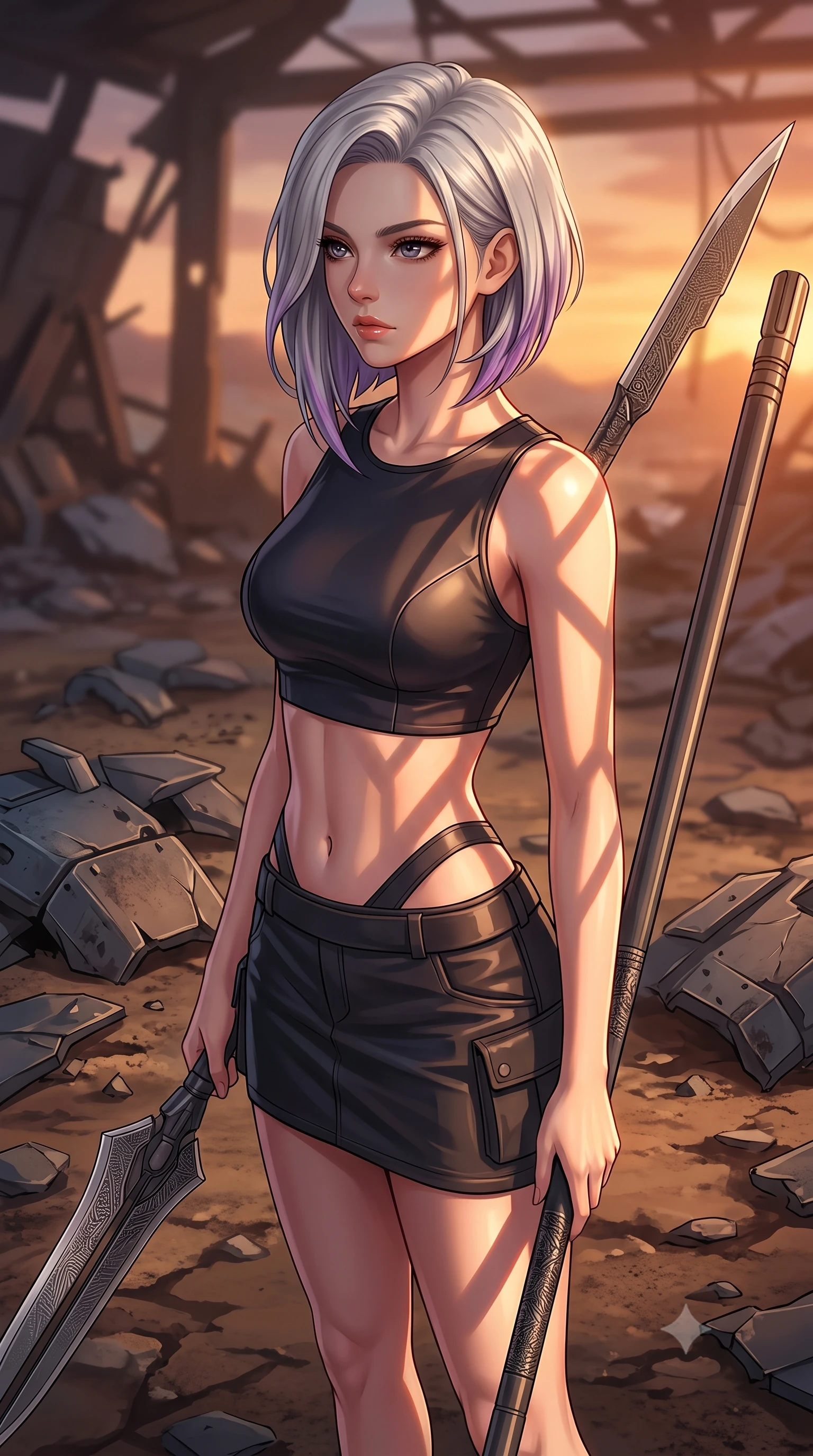 score_9, masterpiece, best quality, ultra-detailed, high-budget anime keyframe, editorial fashion photography, tasteful artistic composition, Caucasian woman. close-up cowboy shot from the waist and thighs up, the character dominates the composition, filling the frame with her large presence, background elements kept in soft focus. holding a deactivated nanotech glaive, looking past the camera with quiet, sharp focus and a composed expression, the background shows a soft-focus a ruined repair hangar with broken armor plates scattered across the soil. She has an exceptionally elegant, slender, and willowy female figure with an ultra-slim waist, a gracefully sculpted slender torso, and a refined silhouette. sharp v-shaped jawline, high-bridge nose, intricate jewel-like eyes with depth, thick eyelashes, glossy lips with a natural sheen. wearing a tailored modern carbon-alloy crop top paired with a low-rise tactical skirt and a subtle waist cut-out. dramatic sunset light casting long, geometric metal shadow lines on her form. highly saturated vibrant anime colors, detailed shading with soft gradients, rich glossy textures, high-contrast stereoscopic depth, volumetric dynamic lighting, master piece, 9:16 ratio