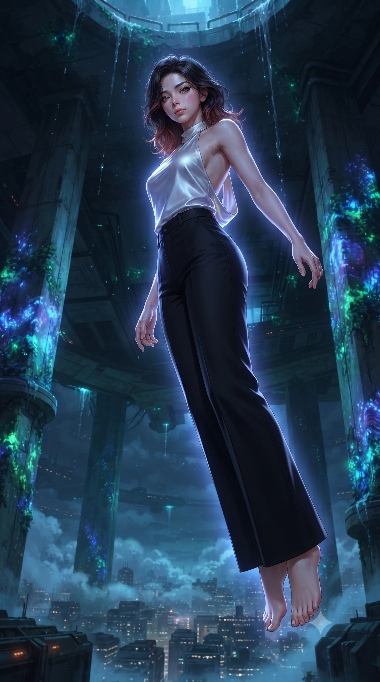 score_9, masterpiece, best quality, ultra-detailed, high-budget anime keyframe, editorial fashion photography, tasteful artistic composition, realistic cosplay photography, Korean woman. low angle full-body shot from head to toe showing her feet, filling the entire 9:16 vertical frame with her statuesque presence, stretching her vertical silhouette. leaping off a launching drop-ship, diving headfirst toward the cloud tops of an alien world through a dark reservoir inside a slum, glowing algae growing on concrete pillars, water dripping from the ceiling. She has a statuesque 8.5-heads proportion, an exceptionally tall, slender and willowy model-like build with impossibly long legs and a highly sculpted ultra-slim waist. sharp v-shaped jawline, high-bridge nose, intricate jewel-like eyes with depth, thick eyelashes, glossy lips with a natural sheen. wearing catching and diffusing the glowing particles, shimmering softly in response to the surrounding light, a slim-fit ivory silk halter-neck top with a draped open back, tucked into tailored black wide-leg trousers. cool ethereal blue-violet bioluminescent glow wrapping around her from all sides. ultra-reflective glossy finish, specular highlights, metallic sheen, high-contrast stereoscopic depth, volumetric dynamic lighting, 2k, ultra detail, master piece, 9:16 ratio
