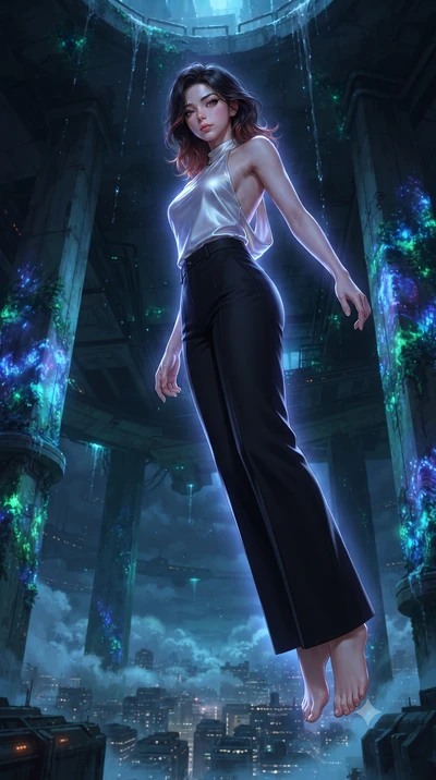 score_9, masterpiece, best quality, ultra-detailed, high-budget anime keyframe, editorial fashion photography, tasteful artistic composition, realistic cosplay photography, Korean woman. low angle full-body shot from head to toe showing her feet, fil