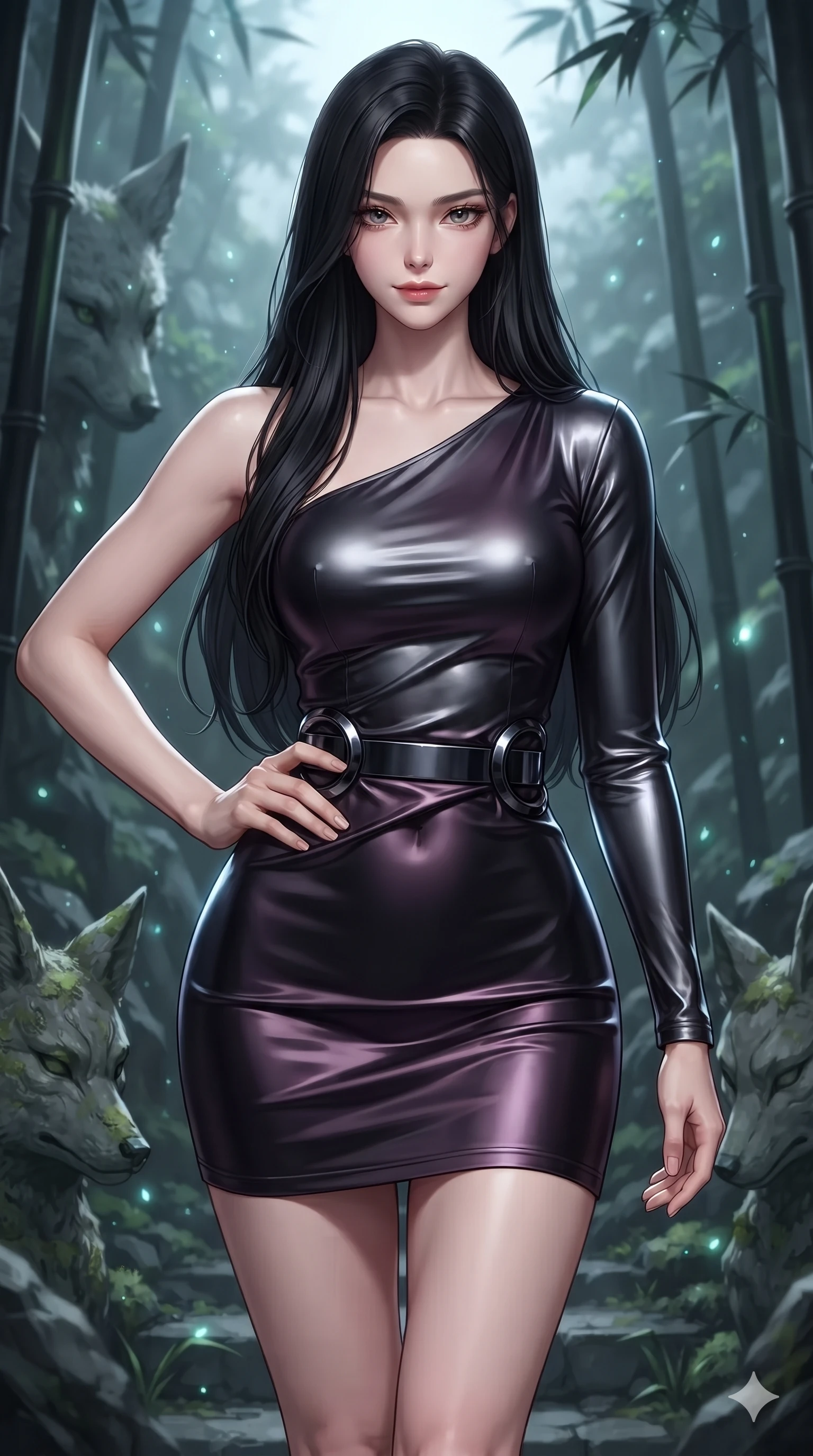 score_9, masterpiece, best quality, ultra-detailed, high-budget anime keyframe, editorial fashion photography, tasteful artistic composition, Korean woman. close-up cowboy shot from the waist and thighs up, the character dominates the composition, filling the frame with her large presence. holding a confident power pose with one hand on her hip, looking into the lens with smoldering intensity while stepping forward into the spiritual clearing with feline grace, hips swaying in an alluring sensual rhythm that accentuates her curvy hourglass silhouette. The surrounding environment is rendered in vivid detail and crisp panoramic clarity: sharp carved stone fox facial contours, green lichen textures, and slender black bamboo node rings in deep focus. She has an exceptionally elegant, slender, and willowy female figure with an ultra-slim waist, flat toned midriff, narrow ribcage, and sculpted feminine hips creating an alluring, slim hourglass silhouette without bulk. sharp v-shaped jawline, high-bridge nose, intricate jewel-like dark sparkling eyes with hypnotic seductive depth, thick curled eyelashes, glossy parted lips with a natural wine sheen, alluring bedroom-eyes with an enigmatic smoldering smile, exuding magnetic sovereign charisma and dark avant-garde glamour, flawlessly proportioned anatomical accuracy, strict slender model proportions, natural body alignment, perfectly sculpted long slender limbs, ultra-slim waistline, clean dynamic posture without body distortion. wearing an asymmetric one-shoulder liquid mercury metallic mini dress hugging her narrow waist and curvy hips in obsidian black and dark plum violet, tailored from soft dark satin with subtle light-absorbing depth, accented with sculpted obsidian chrome rings at the waist, contouring every curve with an exceptionally elegant silhouette and captivating allure. illuminated by spirit lantern cold ground bounce and sharp silver-cyan rim lights defining her razor-sharp jawline, narrow waist, and curvy hips. ultra-reflective glossy finish, specular highlights, metallic sheen, high-contrast stereoscopic depth, volumetric dynamic lighting, 2k, ultra detail, master piece, 9:16 ratio