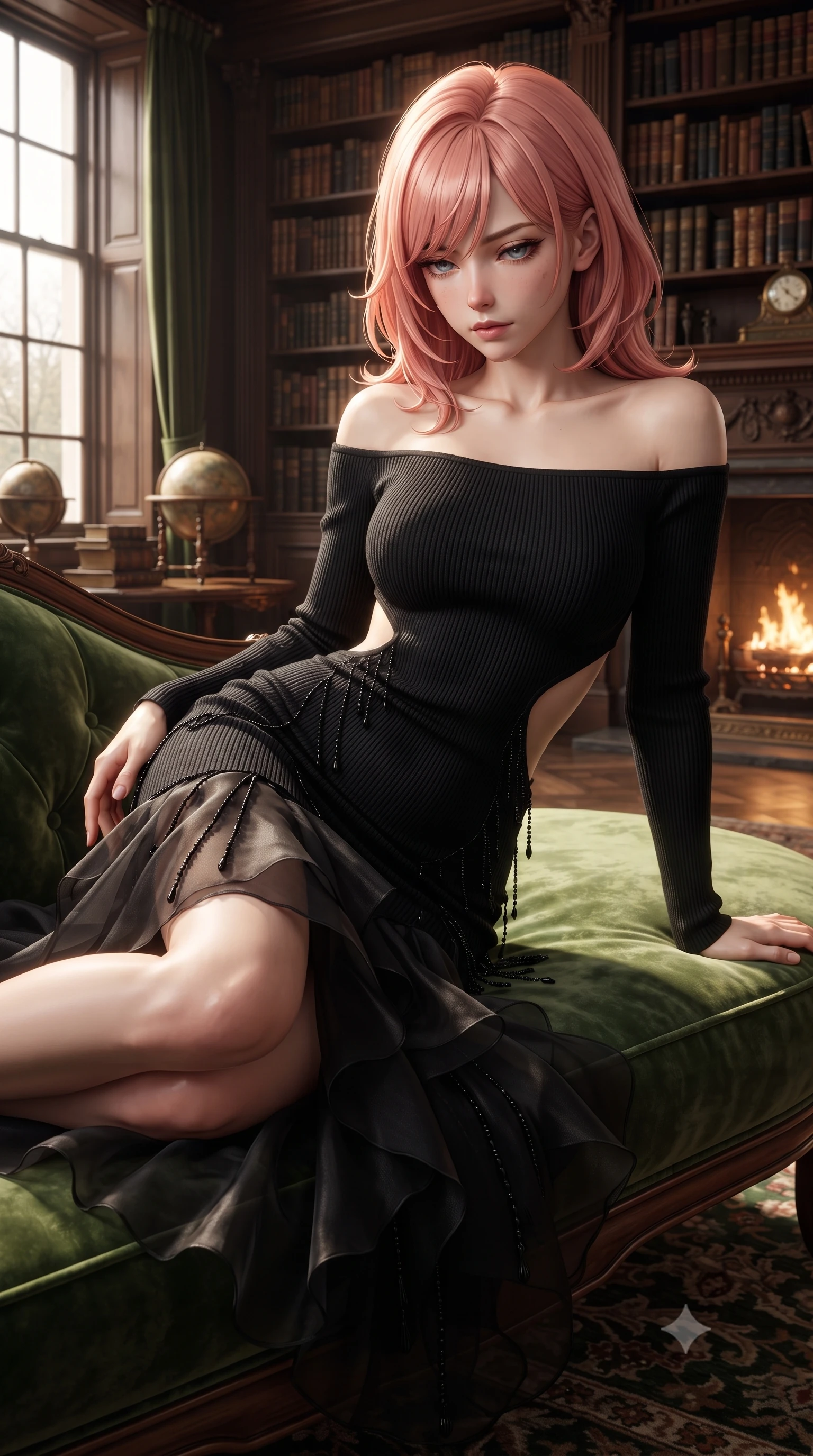 score_9, masterpiece, best quality, ultra-detailed, high-budget anime keyframe, editorial fashion photography, tasteful artistic composition, Japanese woman. close-up cowboy shot from the waist and thighs up, the character dominates the composition, filling the frame with her large presence. glancing down over lowered lashes before meeting the camera with quiet, devastating intensity, her tailored outfit tracing her ultra-slim waist and hips while reclining languidly across a green velvet chaise lounge with one knee drawn up, the warm hearth glow tracing her feminine hips and flat midriff. The surrounding environment is rendered in vivid detail and crisp panoramic clarity. detailed knit or velvet outfit texture, golden firelight sheen on skin, and stately library architecture in high clarity. She has an exceptionally elegant, slender, and willowy female figure with an ultra-slim waist, flat toned midriff, narrow ribcage, and sculpted feminine hips creating an alluring, slim hourglass silhouette without bulk. sharp v-shaped jawline, high-bridge nose, intricate jewel-like dark sparkling eyes with dangerous depth, thick curled eyelashes, glossy parted lips with a rich wine sheen, smoldering seductive half-smile with bedroom-eyes, exuding effortless superiority and intoxicating dark allure, flawlessly proportioned anatomical accuracy, strict slender model proportions, natural body alignment, perfectly sculpted long slender limbs, ultra-slim waistline, clean dynamic posture without body distortion. wearing a form-contouring off-shoulder ribbed cashmere bodycon midi dress with a low-back scoop in pure obsidian monochrome with subtle metallic sheen, crafted from layered gossamer black organza with weightless, smoky flutter, accented with fine jet-black beaded tassels that sway with each movement, the precision-cut side openings and low-back scoop framing her graceful spine and the sensual sweep of her slim, toned hips. illuminated by rich chiaroscuro side lighting and dark bronze rim light sharply defining her sculpted collarbones, narrow waist, and curvy hips. ultra-reflective glossy finish, specular highlights, rich textural contrasts, high-contrast stereoscopic depth, volumetric dynamic lighting, 2k, ultra detail, master piece, 9:16 ratio