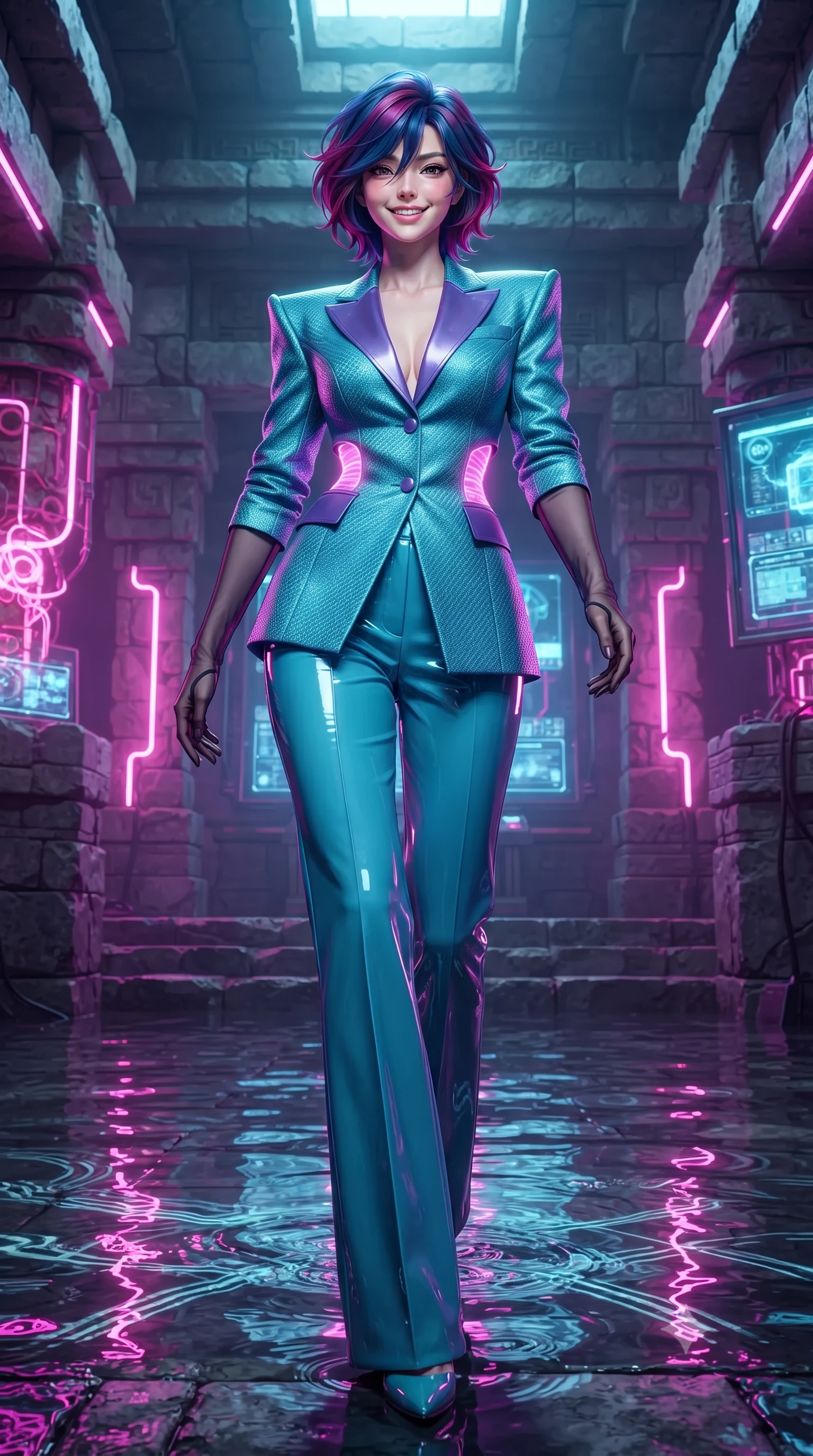score_9, masterpiece, best quality, ultra-detailed, high-budget anime keyframe, editorial fashion photography, tasteful artistic composition, Korean woman. low angle full-body shot from head to toe showing her feet, filling the entire 9:16 vertical frame with her statuesque presence, stretching her vertical silhouette. stepping slowly toward the camera with hypnotic grace, hips swaying in an alluring sensual rhythm that accentuates her curvy hourglass silhouette and long slender legs while twisting her slender torso in an alluring S-curve between glowing ritual energy conduits, ambient magenta reflections tracing her flat midriff and hourglass curves. The surrounding environment is rendered in vivid detail and crisp panoramic clarity: detailed outfit drape, high-gloss patent sheen, and sacred futuristic temple architecture in high resolution. She has an exceptionally tall and slender model-like 8.5-heads proportion, an ultra-slim waist, a flat toned midriff, narrow delicate ribcage, and beautifully sculpted feminine hips creating a graceful, slim hourglass silhouette without any bulky heaviness, with impossibly long slender legs. sharp v-shaped jawline, high-bridge nose, intricate jewel-like sparkling eyes with depth, thick eyelashes, glossy parted lips with a natural peach sheen, bright cheerful beaming smile with an enchanting and coquettish sensual glint, exuding both youthful cute charm and seductive allure, flawlessly proportioned anatomical accuracy, strict slender model proportions, natural body alignment, perfectly sculpted long slender limbs, ultra-slim waistline, clean dynamic posture without body distortion. wearing a bespoke Neo-Tokyo structured blazer with angular padded shoulders and wide-leg tailored tech-wool trousers in Cheonggyecheon neon aqua and ultraviolet amethyst, woven from structured carbon-fiber jacquard with rich textural depth, complemented by sheer opera-length evening gloves tracing her slender arms, the bespoke structured tailoring following the natural line of her 8.5-heads silhouette with refined elegance. illuminated by mirrored water reflection bounce and sharp neon-violet rim lights defining her dewy collarbones, ultra-slim waist, and curvy hips. ultra-reflective glossy finish, specular highlights, rich textural contrasts, high-contrast stereoscopic depth, volumetric dynamic lighting, 2k, ultra detail, master piece, 9:16 ratio
