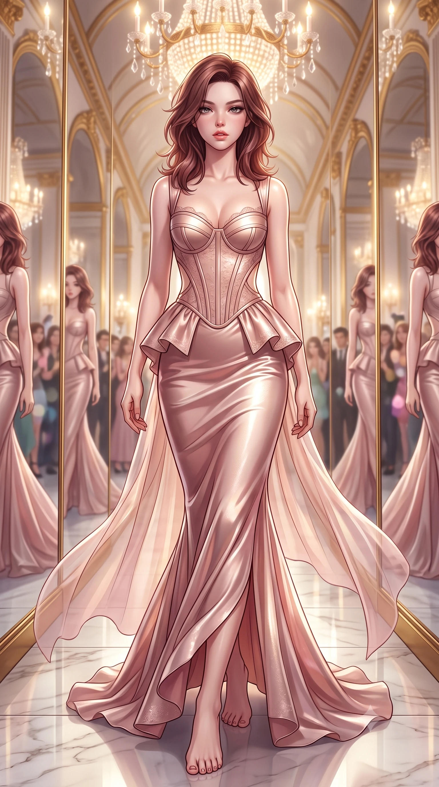 score_9, masterpiece, best quality, ultra-detailed, high-budget anime keyframe, semi-realistic 3D game render, editorial fashion photography, tasteful artistic composition, Korean woman. low angle full-body shot from head to toe showing her feet, filling the entire 9:16 vertical frame with her statuesque presence, stretching her vertical silhouette. striding forward in a proud supermodel runway stride, hips swaying in an alluring kinetic rhythm that accentuates her curvy hourglass silhouette while gliding down the mirror-lined corridor with supermodel momentum, pivoting gracefully as infinite reflections multiply her curvy silhouette. The composition keeps background elements in soft focus with creamy bokeh. infinite crystal chandelier prisms and gilded mirror arches blurred into radiant diamond, pastel rose, and gold-leaf bokeh. She has an absolutely perfect, statuesque 8.5-heads proportion, an exceptionally tall and slender model-like female figure with impossibly long slender legs, a toned flat midriff, an ultra-slim waist, and beautifully sculpted feminine hips. sharp v-shaped jawline, high-bridge nose, intricate jewel-like eyes with depth, thick eyelashes, glossy parted lips with a natural sheen, intensely captivating and seductive bedroom-eyes expression, flawlessly proportioned anatomical accuracy, strict slender model proportions, natural body alignment, perfectly sculpted long slender limbs, ultra-slim waistline, clean dynamic posture without body distortion. wearing a modern Marie Antoinette peplum gown with side-waist diamond cutouts and hip-cinching boning in dusky blush rose and champagne shimmer, tailored from ultra-smooth duchess satin with a pearlescent courtly sheen, finished with sheer floating train panels fluttering behind her in the mirrored hall, the glove-like aerodynamic silhouette tightly following the natural contour of her hips and long slender legs with statuesque precision. bathed in radiant golden chandelier illumination and multi-directional mirror reflections. highly saturated vibrant anime colors, detailed shading with soft gradients, rich glossy textures, high-contrast stereoscopic depth, volumetric dynamic lighting, master piece, 9:16 ratio