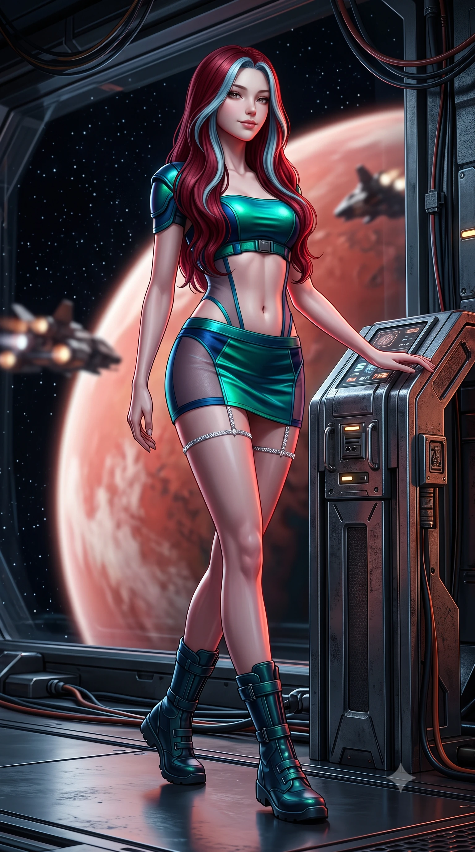 score_9, masterpiece, best quality, ultra-detailed, high-budget anime keyframe, semi-realistic 3D game render, editorial fashion photography, tasteful artistic composition, Caucasian woman. low angle full-body shot from head to toe showing her feet, filling the entire 9:16 vertical frame with her statuesque presence, stretching her vertical silhouette. stepping forward in a confident stride, her long slender legs and curvaceous hips creating a dynamic, sweeping vertical line while leaning against the magnetic tether station with hips cocked back, looking through the vacuum seal field at approaching combat shuttles with heavy-lidded bedroom-eyes. The background shows a soft-focus gigantic curved red-and-white globe of Mars filling the view, countless stars in the black vacuum, and docking shuttle thrusters blurred into rust, white, and topaz bokeh. She has an exceptionally tall and slender model-like 8.5-heads proportion, an ultra-slim waist, a flat toned midriff, narrow delicate ribcage, and beautifully sculpted feminine hips creating a graceful, slim hourglass silhouette without any bulky heaviness, with impossibly long slender legs. sharp v-shaped jawline, high-bridge nose, intricate jewel-like sparkling eyes with depth, thick eyelashes, glossy parted lips with a natural peach sheen, bright cheerful beaming smile with an enchanting and coquettish sensual glint, exuding both youthful cute charm and seductive allure, flawlessly proportioned anatomical accuracy, strict slender model proportions, natural body alignment, perfectly sculpted long slender limbs, ultra-slim waistline, clean dynamic posture without body distortion. wearing an ultra-cropped tactical tech-wear bandeau top with molded shoulder armor paired with a micro mini skirt revealing her flat toned midriff in bioluminescent emerald and abyssal sapphire, featuring strategic sheer-illusion tulle side panels framing her ribcage and hips, finished with delicate crystal-encrusted thigh garter straps glinting in the dim light, the second-skin tailored fabric adhering flawlessly to her sculpted flat midriff and slender torso, emphasizing her long leg lines and perfectly proportioned willowy build. illuminated by titanium floor reflection bounce and sharp Mars-red rim lights defining her jawline, narrow waist, and curvy hips. highly saturated vibrant anime colors, detailed shading with soft gradients, rich glossy textures, high-contrast stereoscopic depth, volumetric dynamic lighting, master piece, 9:16 ratio