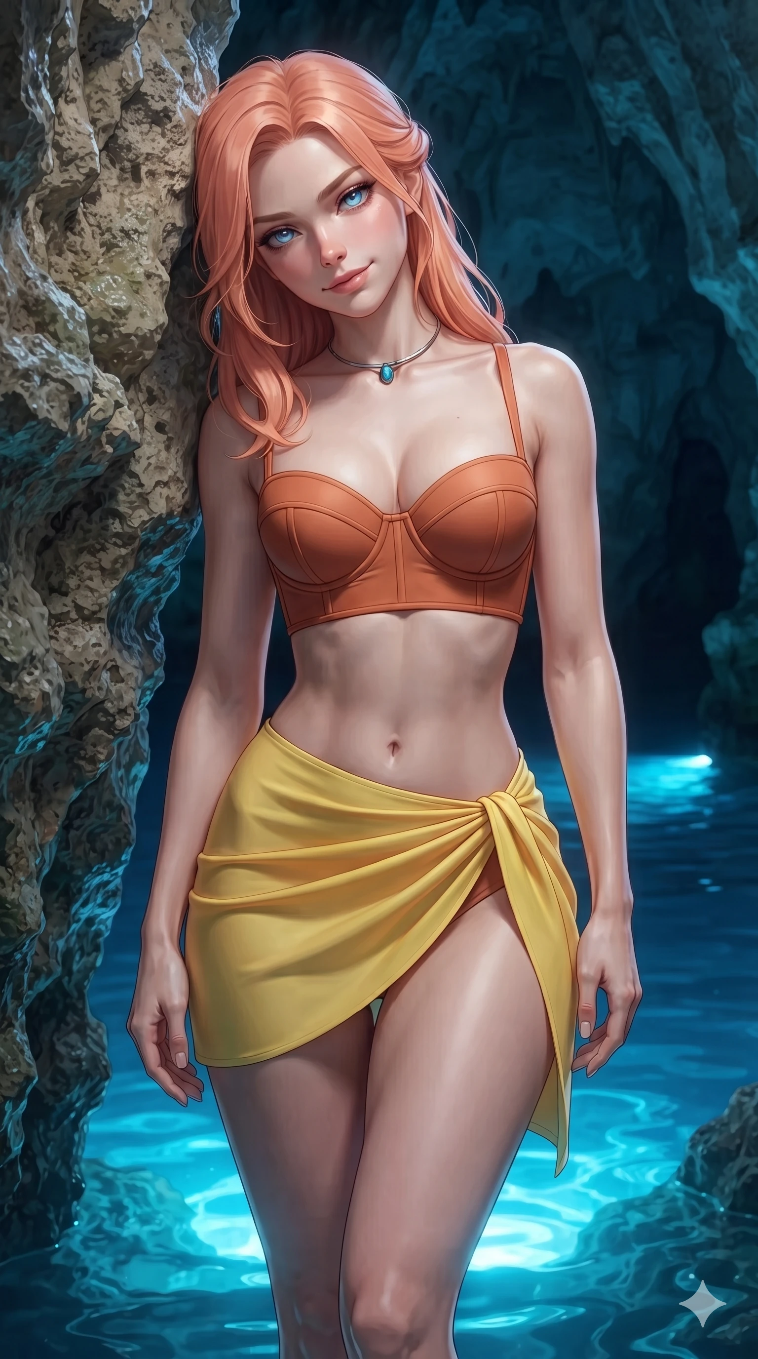 score_9, masterpiece, best quality, ultra-detailed, high-budget anime keyframe, editorial fashion photography, tasteful artistic composition, Japanese woman. close-up cowboy shot from the waist and thighs up, the character dominates the composition, filling the frame with her large presence. tilting her head with a teasing half-smile, running one hand slowly down the side of her hip in a flirtatious S-curve as ambient light caresses her silhouette while leaning against the damp limestone cave wall with hips cocked back, looking through the darkness with glowing, hypnotic bedroom-eyes. The surrounding environment is rendered in vivid detail and crisp panoramic clarity: sharp limestone cave wall texture, water surface meniscus clarity, and glowing underwater light beam refraction in deep focus. She has an exceptionally elegant, slender, and willowy female figure with an ultra-slim waist, flat toned midriff, narrow ribcage, and sculpted feminine hips creating an alluring, slim hourglass silhouette without bulk. sharp v-shaped jawline, high-bridge nose, sparkling eyes with hypnotic seductive depth, thick curled eyelashes, glossy parted lips with a natural dewy peach sheen, alluring bedroom-eyes with an enchanting coquettish smile, exuding magnetic siren charisma and sophisticated glamour, flawlessly proportioned anatomical accuracy, strict slender model proportions, natural body alignment, perfectly sculpted long slender limbs, ultra-slim waistline, clean dynamic posture without body distortion. wearing a structured underwire bikini bustier top paired with an ultra-short draped sarong wrap mini skirt in sun-kissed terracotta and Amalfi lemon yellow, tailored from second-skin technical compression neoprene with athletic curve-sculpting stretch, finished with a minimalist chrome choker and a single turquoise stone pendant, the high-slit wrap tailoring accentuating her ultra-slim waistline and the enchanting curve of her feminine hips with alluring seductive charm. bathed in the supernatural, intense 480nm electric-blue luminescence rising from submerged cave openings beneath the water surface. ultra-reflective glossy finish, specular highlights, rich textural contrasts, high-contrast stereoscopic depth, volumetric dynamic lighting, 2k, ultra detail, master piece, 9:16 ratio