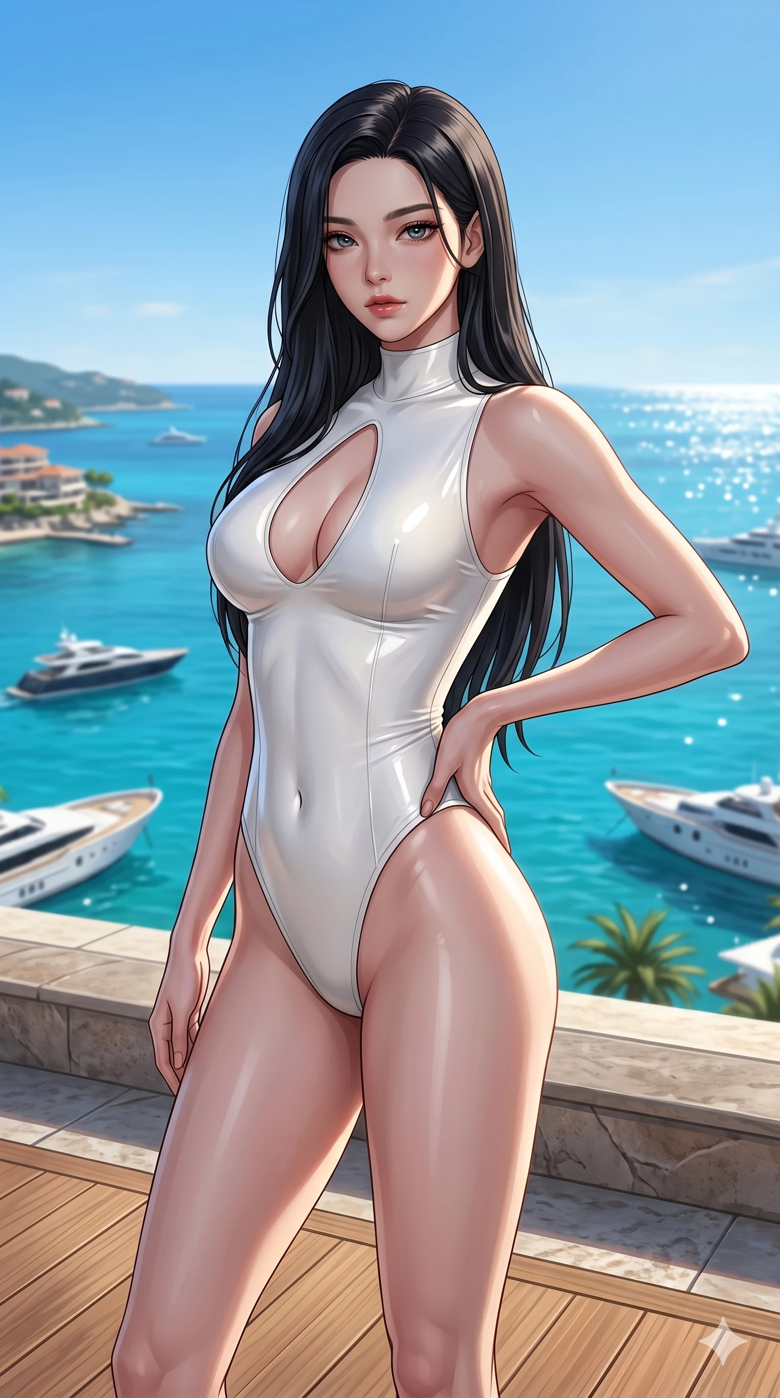 score_9, masterpiece, best quality, ultra-detailed, high-budget anime keyframe, editorial fashion photography, tasteful artistic composition, Korean woman. cowboy shot from the thighs up, character and outfit filling the frame for maximum editorial presence. resting her hand on her hip, arching her back slightly to capture the sun, with bedroom eyes on a private sun-deck of a luxury resort overlooking a turquoise bay (Code-P16-034). She has an absolutely perfect 8-heads proportion, an exceptionally tall and slender female figure with impossibly long slender legs and an ultra-slim waist. V-shaped jawline, high-bridge nose, intricate jewel-like eyes with depth, thick eyelashes, glossy lips with a natural sheen. wearing a skin-tight white latex bodysuit with high-cut lines and an elegant keyhole cutout. drenched in brilliant afternoon sunshine, highlighting her sleek silhouette and smooth skin. 2k, ultra detail, master piece, 9:16 ratio