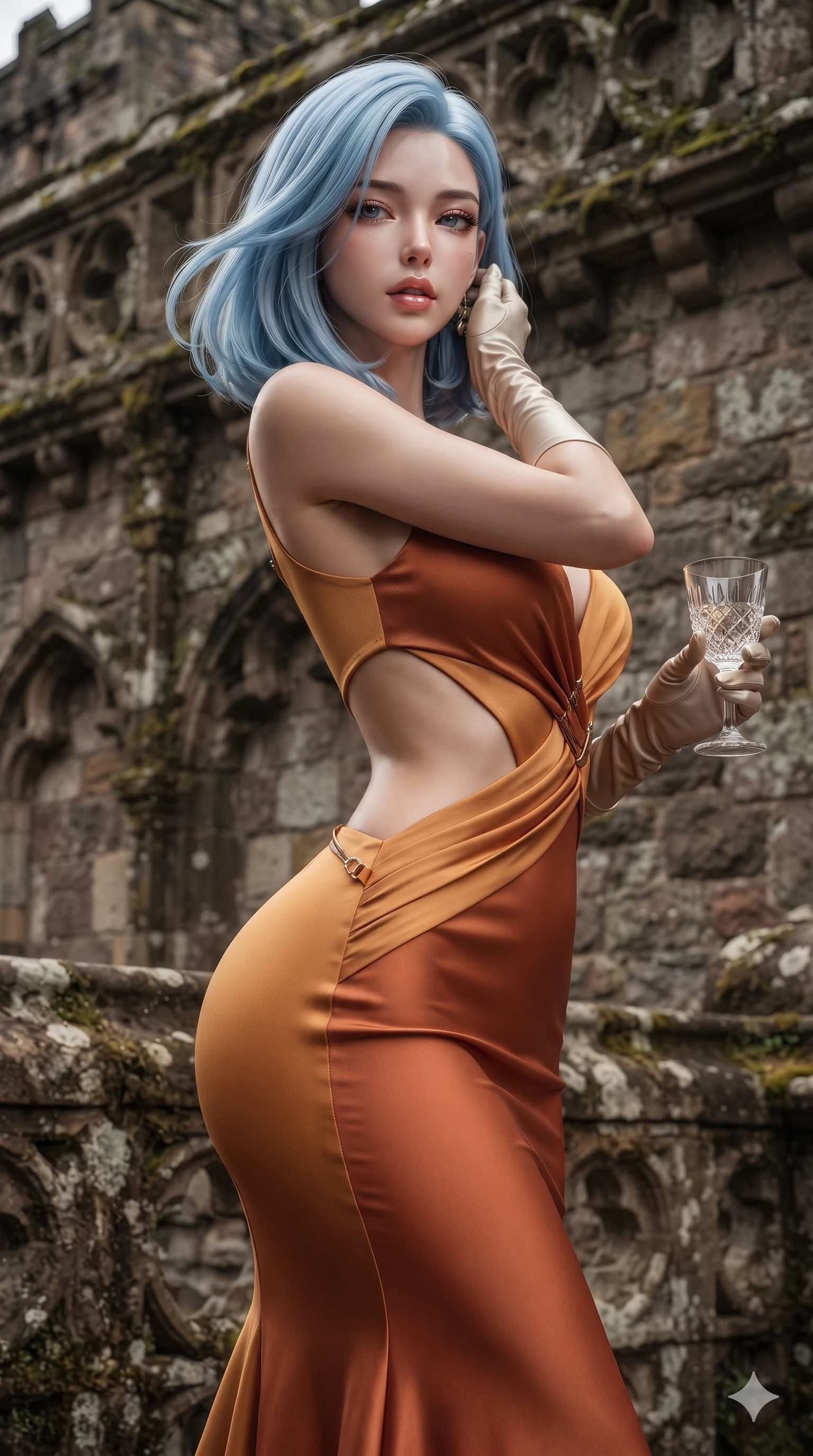 score_9, masterpiece, best quality, ultra-detailed, high-budget anime keyframe, editorial fashion photography, tasteful artistic composition, Korean woman. close-up cowboy shot from the waist and thighs up, the character dominates the composition, filling the frame with her large presence. gently brushing a lock of hair behind her ear while casting a playful, flirtatious side-gaze with long eyelashes while twisting her slender torso in an alluring S-curve, cool mountain winds molding her gown against her flat midriff and curvy hips. The surrounding environment is rendered in vivid detail and crisp panoramic clarity: detailed gown tailoring drape, metallic hardware accents, and historic Scottish stonework in high resolution. She has an exceptionally elegant, slender, and willowy female figure with an ultra-slim waist, flat toned midriff, narrow ribcage, and sculpted feminine hips creating an alluring, slim hourglass silhouette without bulk. sharp v-shaped jawline, high-bridge nose, intricate jewel-like eyes with depth, thick eyelashes, glossy parted lips with a natural sheen, intensely captivating and seductive bedroom-eyes expression, flawlessly proportioned anatomical accuracy, strict slender model proportions, natural body alignment, perfectly sculpted long slender limbs, ultra-slim waistline, clean dynamic posture without body distortion. wearing a sculptured liquid-satin mermaid gown with an architectural open-waist cutout and bare spine descending to the tailbone in warm Tuscan ochre and terracotta sienna, crafted from bespoke double-faced cashmere with an exceptionally soft tactile finish, accessorized with opera-length satin gloves and a vintage crystal glass, the glove-like clinging cut tightly following the natural contour of her hips and long slender legs with youthful 8.5-heads elegance. sharp directional rim lights sculpting her sculpted collarbones, ultra-slim waist, and curvy hips. ultra-reflective glossy finish, specular highlights, rich textural contrasts, high-contrast stereoscopic depth, volumetric dynamic lighting, 2k, ultra detail, master piece, 9:16 ratio