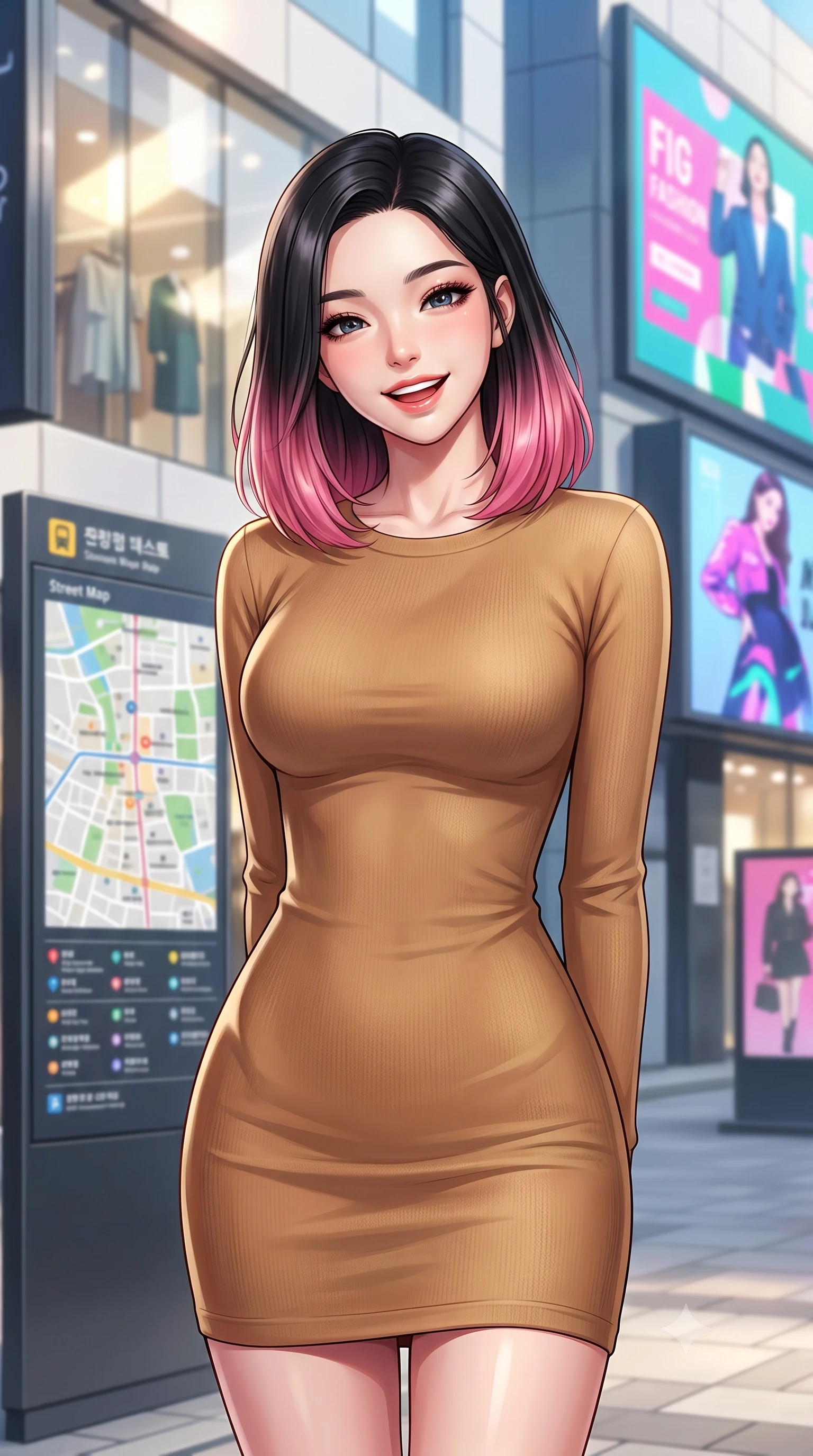 score_9, masterpiece, best quality, ultra-detailed, high-budget anime keyframe, editorial fashion photography, tasteful artistic composition, Korean woman. close-up cowboy shot from the waist and thighs up, the character dominates the composition, filling the frame with her large presence, background elements kept in soft focus. laughing softly with a charming expression, tilting her head cutely to the side set against a soft-focus background of on a trendy shopping street lined with modern boutique shops and green trees with a street map board and digital fashion advertisements in the background. She has an exceptionally elegant, slender, and willowy female figure with an ultra-slim waist, a gracefully sculpted slender torso, and a refined silhouette. sharp v-shaped jawline, high-bridge nose, intricate jewel-like eyes with depth, thick eyelashes, glossy lips with a natural sheen. wearing form-contouring sleek, body-hugging long-sleeve knit dress in camel, outlining her slender silhouette. bright afternoon sunbeams creating sharp reflections on the glass shop windows. highly saturated vibrant anime colors, detailed shading with soft gradients, rich glossy textures, high-contrast stereoscopic depth, volumetric dynamic lighting, master piece, 9:16 ratio