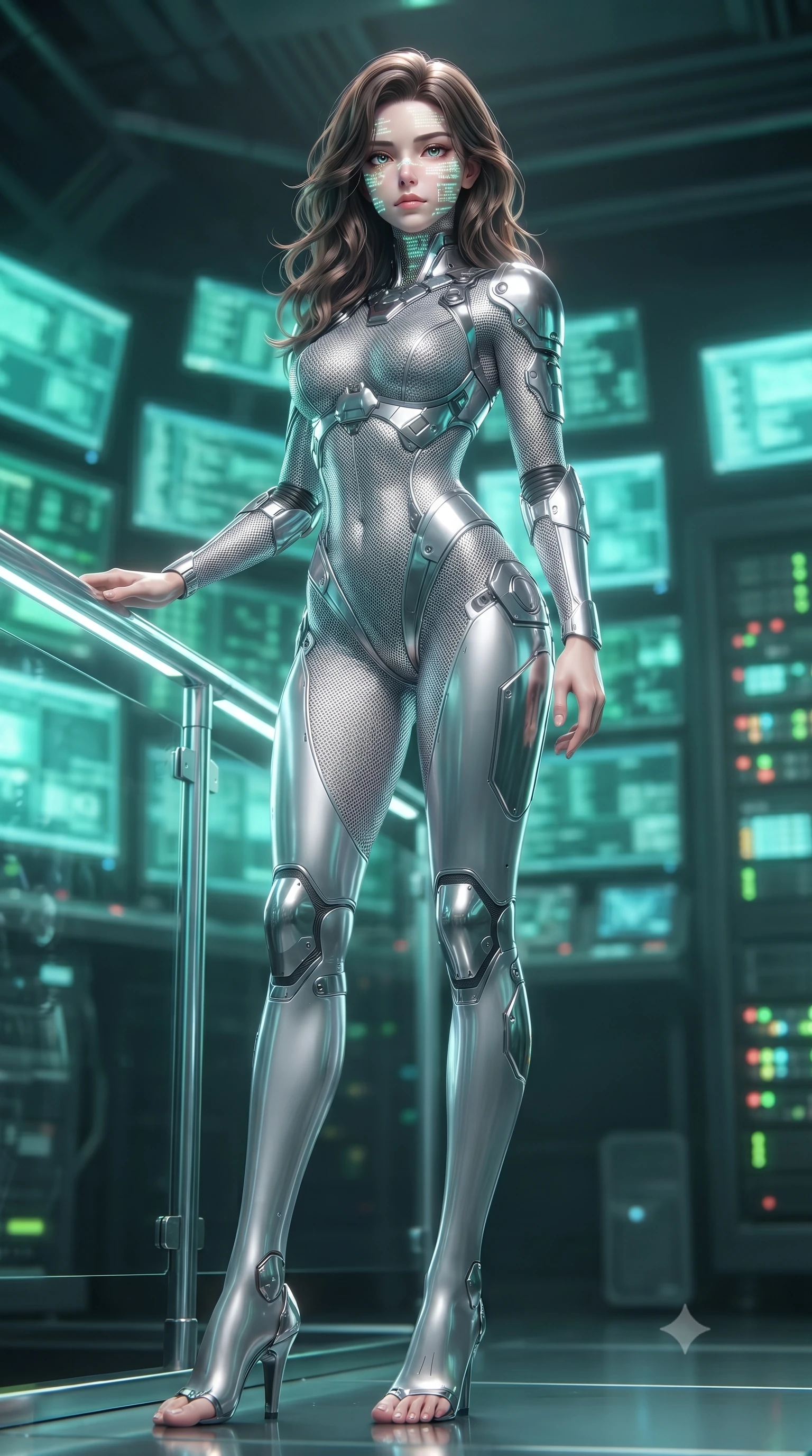 score_9, masterpiece, best quality, ultra-detailed, high-budget anime keyframe, editorial fashion photography, tasteful artistic composition, Korean woman. low angle full-body shot from head to toe showing her feet, filling the entire 9:16 vertical frame with her statuesque presence, stretching her vertical silhouette. standing in a tall, confident posture with one hand on a glowing metal railing, stretching her statuesque body, the background shows a soft-focus a bunker command center filled with green and cyan monitor screens. She has an absolutely perfect, statuesque 8.5-heads proportion, an exceptionally tall and slender model-like female figure with impossibly long slender legs and an ultra-slim waist. sharp v-shaped jawline, high-bridge nose, intricate jewel-like eyes with depth, thick eyelashes, glossy lips with a natural sheen. wearing a form-contouring delicate silver nano-mesh bodysuit with strategically placed chrome armor plate guards covering key curves. glowing server rack LED indicators projecting code patterns on her face. ultra-reflective glossy finish, specular highlights, metallic sheen, high-contrast stereoscopic depth, volumetric dynamic lighting, 2k, ultra detail, master piece, 9:16 ratio