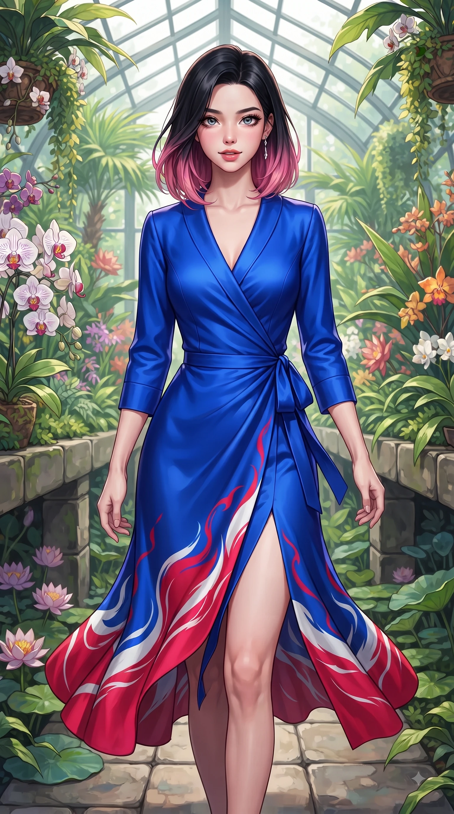 score_9, masterpiece, best quality, ultra-detailed, high-budget anime keyframe, editorial fashion photography, tasteful artistic composition, Korean woman. close-up cowboy shot from the waist and thighs up, the character dominates the composition, filling the frame with her large presence. Radiant anticipation in her face, glowing with hopeful curiosity and warm expectant energy while stepping along a stone greenhouse aisle surrounded by vibrant tropical foliage. The surrounding environment is rendered in vivid detail and crisp panoramic clarity. vibrant orchid blossoms, lotus pond ripples, and detailed greenhouse pathways in deep focus. She has an exceptionally elegant, slender, and willowy female figure with an ultra-slim waist, a gracefully sculpted slender torso, and a refined silhouette. sharp v-shaped jawline, high-bridge nose, intricate jewel-like eyes with depth, thick eyelashes, glossy lips with a natural sheen, flawlessly proportioned anatomical accuracy, natural body alignment, perfectly sculpted elegant limbs, clean dynamic posture without body distortion. wearing an electric cobalt blue silk wrap dress with a graceful flowing hem in vibrant crimson red and crisp snow white, tailored from structured wool crepe with clean lines, finished with a sleek side slit ascending to mid-thigh, the form-contouring material accentuating her ultra-slim waist and long lines. surrounded by a lush, vibrant, and enchanting garden editorial ambiance. ultra-reflective glossy finish, specular highlights, metallic sheen, high-contrast stereoscopic depth, volumetric dynamic lighting, 2k, ultra detail, master piece, 9:16 ratio