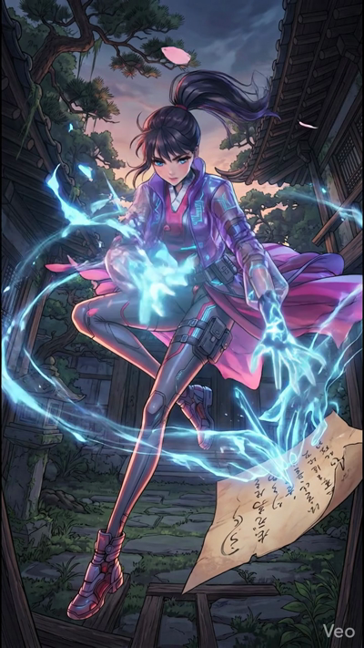 A beautiful anime-style video in a traditional courtyard at sunset. The irl from the reference imae uses lowin blue enery hands to write maical characters on a floatin paper scroll. The scroll lows and vibrates as enery spirals around her. A entle wi