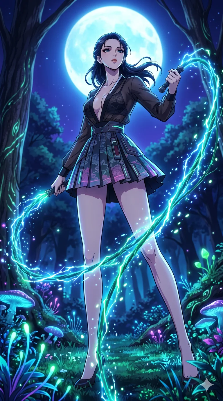 score_9, masterpiece, best quality, ultra-detailed, High-budget Anime Keyframe, vibrant colors, fluid line-art, expressive lighting, cinematic composition, Ufotable-style visual effects, top-tier animation quality, Japanese woman with delicate and elegant anime-inspired features. Low angle cowboy shot filling the entire 9:16 frame with her statuesque presence, looking up to emphasize her height. Wielding a glowing vine whip that crackles with bioluminescent energy, devoid of thorns. She has an absolutely perfect 8-heads proportion, an exceptionally tall and slender female figure with impossibly long slender legs and an ultra-slim waist, her statuesque height and towering silhouette dominating the vertical 9:16 frame. Her face is a masterpiece featuring a sharp v-shaped jawline, high-bridge nose, intricate jewel-like eyes with depth, thick eyelashes, and glossy lips with a natural sheen. She is wearing a Shortened cyber-hanbok skirt with a transparent jeogori, deep plunging neckline, and traditional silk patterns printed on modern tech-fabrics.. The scene is set in a mystical grove under a giant glowing moon that illuminates the fiber-optic flora. 2k, ultra detail, master piece, 9:16 ratio