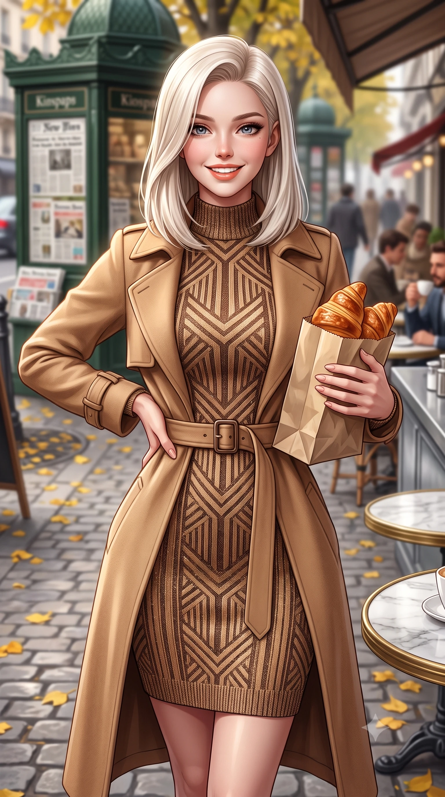 score_9, masterpiece, best quality, ultra-detailed, high-budget anime keyframe, semi-realistic 3D game render, editorial fashion photography, tasteful artistic composition, Caucasian woman. close-up cowboy shot from the waist and thighs up, the character dominates the composition, filling the frame with her large presence. standing poised with hips cocked slightly to the side, one hand tracing her cinched waistline while casting an affectionate warm glance while walking out onto the cobblestone terrace holding a warm croissant bag, her belted trench coat framing her tall 8.5-heads silhouette. The background shows a soft-focus bustling Parisian boulevard with vintage green newspaper kiosks, yellow chestnut leaves on pavement, and café patrons blurred into emerald, amber, and espresso bokeh. She has an exceptionally elegant, slender, and willowy female figure with an ultra-slim waist, flat toned midriff, narrow ribcage, and sculpted feminine hips creating an alluring, slim hourglass silhouette without bulk. sharp v-shaped jawline, high-bridge nose, intricate jewel-like sparkling eyes with depth, thick eyelashes, glossy parted lips with a natural peach sheen, bright cheerful beaming smile with an enchanting and coquettish sensual glint, exuding both youthful cute charm and seductive allure, flawlessly proportioned anatomical accuracy, strict slender model proportions, natural body alignment, perfectly sculpted long slender limbs, ultra-slim waistline, clean dynamic posture without body distortion. wearing a form-contouring Art Deco geometric patterned knit bodycon dress hugging her slender frame with golden thread accents in Saint-Germain camel wool and warm espresso, woven from stretch metallic lurex knit casting subtle luminous champagne glints across her contours, finished with a slim equestrian bridle-leather belt cinched tightly at the narrowest point of her waist, the body-conscious tailored knit hugging her sculpted torso and curvaceous hips in a seamless, fluid line that highlights her statuesque model proportions. illuminated by zinc counter and marble tabletop bounce with delicate platinum rim lights sculpting her features and slender waist. highly saturated vibrant anime colors, detailed shading with soft gradients, rich glossy textures, high-contrast stereoscopic depth, volumetric dynamic lighting, master piece, 9:16 ratio