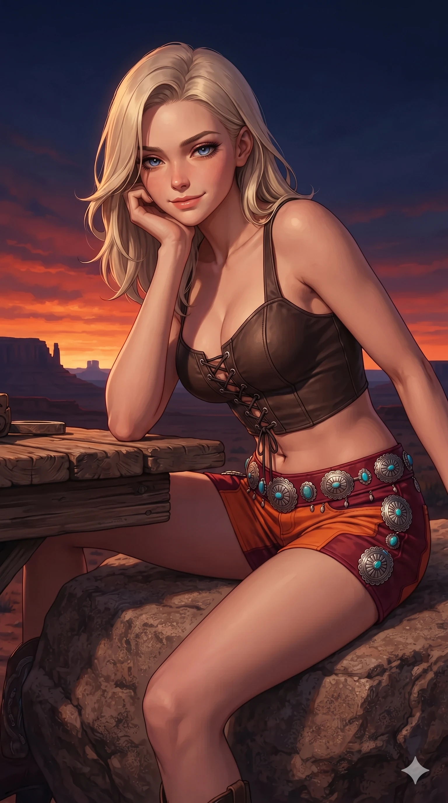 score_9, masterpiece, best quality, ultra-detailed, high-budget anime keyframe, editorial fashion photography, tasteful artistic composition, Caucasian woman. close-up cowboy shot from the waist and thighs up, the character dominates the composition, filling the frame with her large presence. resting one elbow on the workbench and supporting her chin, leaning close to the camera with heavy-lidded sparkling eyes and parted lips while perched atop a colossal weathered granite boulder with one leg extended, stretching her vertical silhouette against the dramatic desert twilight sky. The surrounding environment is rendered in vivid detail and crisp panoramic clarity: detailed form-contouring wet-look neoprene bodysuit, racing side stripes, and monumental boulders in razor-sharp precision. She has an exceptionally elegant, slender, and willowy female figure with an ultra-slim waist, flat toned midriff, narrow ribcage, and sculpted feminine hips creating an alluring, slim hourglass silhouette without bulk. sharp v-shaped jawline, high-bridge nose, sparkling eyes with hypnotic seductive depth, thick curled eyelashes, glossy parted lips with a natural dewy peach sheen, alluring bedroom-eyes with an enchanting coquettish smile, exuding magnetic siren charisma and sophisticated glamour, flawlessly proportioned anatomical accuracy, strict slender model proportions, natural body alignment, perfectly sculpted long slender limbs, ultra-slim waistline, clean dynamic posture without body distortion. wearing a sculpted matte leather crop bustier with lace-up front paired with tight low-slung moto-shorts in blazing desert sunset orange and deep canyon crimson, made of fluid liquid jersey with seamless sculpting hold and smooth contours, accented with authentic engraved silver concho medallions and turquoise cabochons, the form-contouring cut accentuating her sculpted flat midriff, narrow delicate ribcage, and gracefully curvy hips with intoxicating allure. illuminated by warm rock surface bounce and sharp golden-peach rim lights sculpting her razor-sharp jawline, narrow waist, and curvy hips. ultra-reflective glossy finish, specular highlights, rich textural contrasts, high-contrast stereoscopic depth, volumetric dynamic lighting, 2k, ultra detail, master piece, 9:16 ratio