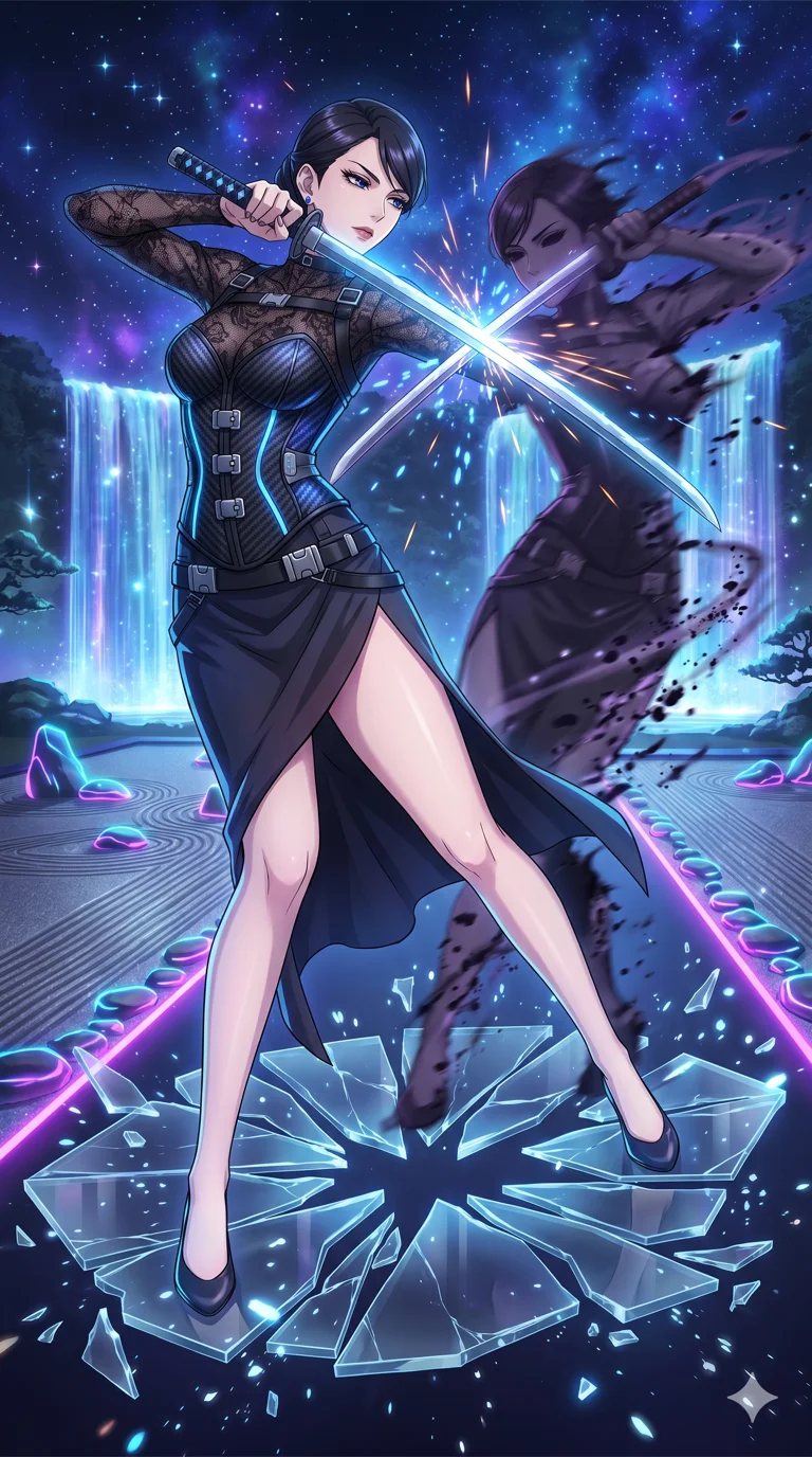 score_9, masterpiece, best quality, ultra-detailed, High-budget Anime Keyframe, vibrant colors, fluid line-art, expressive lighting, cinematic composition, Ufotable-style visual effects, top-tier animation quality, Japanese woman with delicate and elegant anime-inspired features. Wide-angle low shot emphasizing her impossibly long slender legs and commanding stature. Engaging in a fierce duel with a shadowy mirror version of herself on a platform of floating glass shards. She has an absolutely perfect 8-heads proportion, an exceptionally tall and slender female figure with impossibly long slender legs and an ultra-slim waist, her statuesque height and towering silhouette dominating the vertical 9:16 frame. Her face is a masterpiece featuring a sharp v-shaped jawline, high-bridge nose, intricate jewel-like eyes with depth, thick eyelashes, and glossy lips with a natural sheen. She is wearing a Chrome-plated corset over a sheer lace base with tactical straps and metallic buckles crafted from Carbon-fiber weave with a high-tech matte finish and integrated glowing filaments, with a dangerous high slit that showcases her impossibly long slender legs. The scene is set in a serene Zen garden with metallic sand, glowing stones, and a holographic waterfall, illuminated by flickering starlight and nebula glow providing a mystical and vast ambiance. 2k, ultra detail, master piece, 9:16 ratio