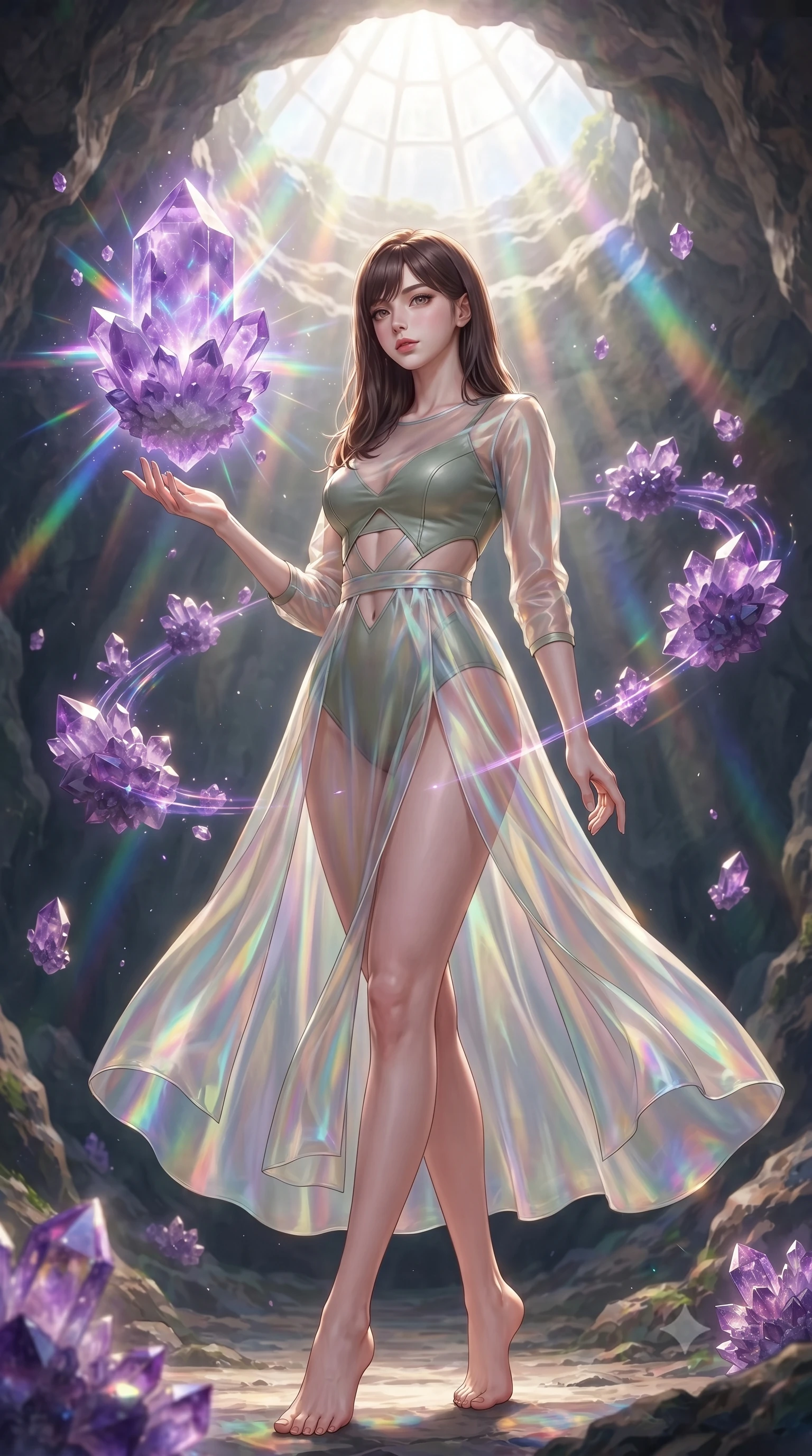 score_9, masterpiece, best quality, ultra-detailed, high-budget anime keyframe, editorial fashion photography, tasteful artistic composition, Korean woman. low angle full-body shot from head to toe showing her feet, filling the entire 9:16 vertical frame with her statuesque presence, stretching her vertical silhouette. interacting gracefully with the magical floating elements while maintaining a confident posture touching a giant floating violet crystal cluster emitting pulsing energy, floating amethyst clusters drifting in smooth circular orbits. She has an absolutely perfect, statuesque 8.5-heads proportion, an exceptionally tall and slender model-like female figure with impossibly long slender legs and an ultra-slim waist. sharp v-shaped jawline, high-bridge nose, intricate jewel-like eyes with depth, thick eyelashes, glossy lips with a natural sheen. wearing a semi-opaque sheer overlay dress over a leather micro-bodysuit in sage green and oatmeal, crafted from iridescent chiffon that shifts colors in the light, featuring subtle geometric cutouts that highlight her ultra-slim midriff, the sleek second-skin texture accentuating her magnetic presence. bathed in brilliant prismatic light filtering from a natural cavern skylight. ultra-reflective glossy finish, specular highlights, metallic sheen, high-contrast stereoscopic depth, volumetric dynamic lighting, 2k, ultra detail, master piece, 9:16 ratio