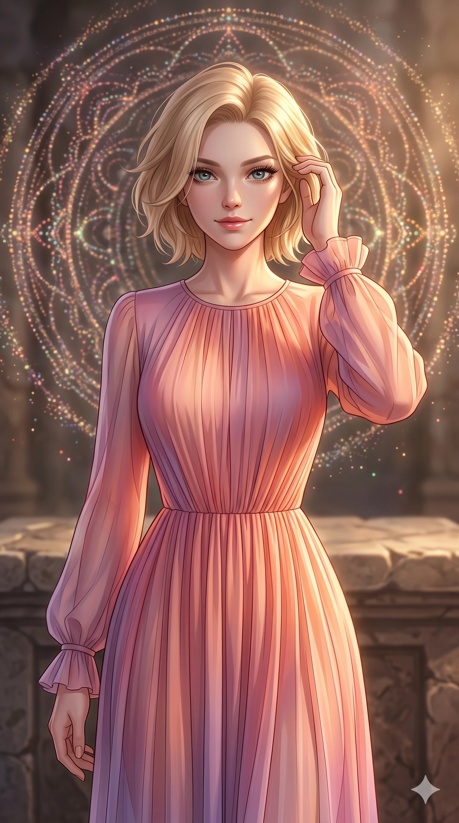 score_9, masterpiece, best quality, ultra-detailed, high-budget anime keyframe, editorial fashion photography, tasteful artistic composition, Caucasian woman, strictly human ears. close-up cowboy shot from the waist and thighs up, the character dominates the composition, filling the frame with her large presence, background elements kept in soft focus. Gently brushing hair from her face with an enigmatic half-smile. set against a soft-focus background of an ancient stone altar where millions of glowing colored sand particles levitate and slowly arrange themselves into an impossibly intricate mandala pattern radiating outward in concentric circles. She has an exceptionally elegant and slender, willowy female figure with an ultra-slim waist, a gracefully sculpted slender torso, and a refined slim physique. sharp v-shaped jawline, high-bridge nose, intricate jewel-like eyes with depth, thick eyelashes, glossy lips with a natural sheen. wearing a flowing pleated chiffon dress in a sunset gradient of pink, apricot, and soft violet, with long sheer sleeves and ruffled cuffs. dramatic chiaroscuro with a single golden key light sculpting her silhouette. 2k, ultra detail, master piece, 9:16 ratio