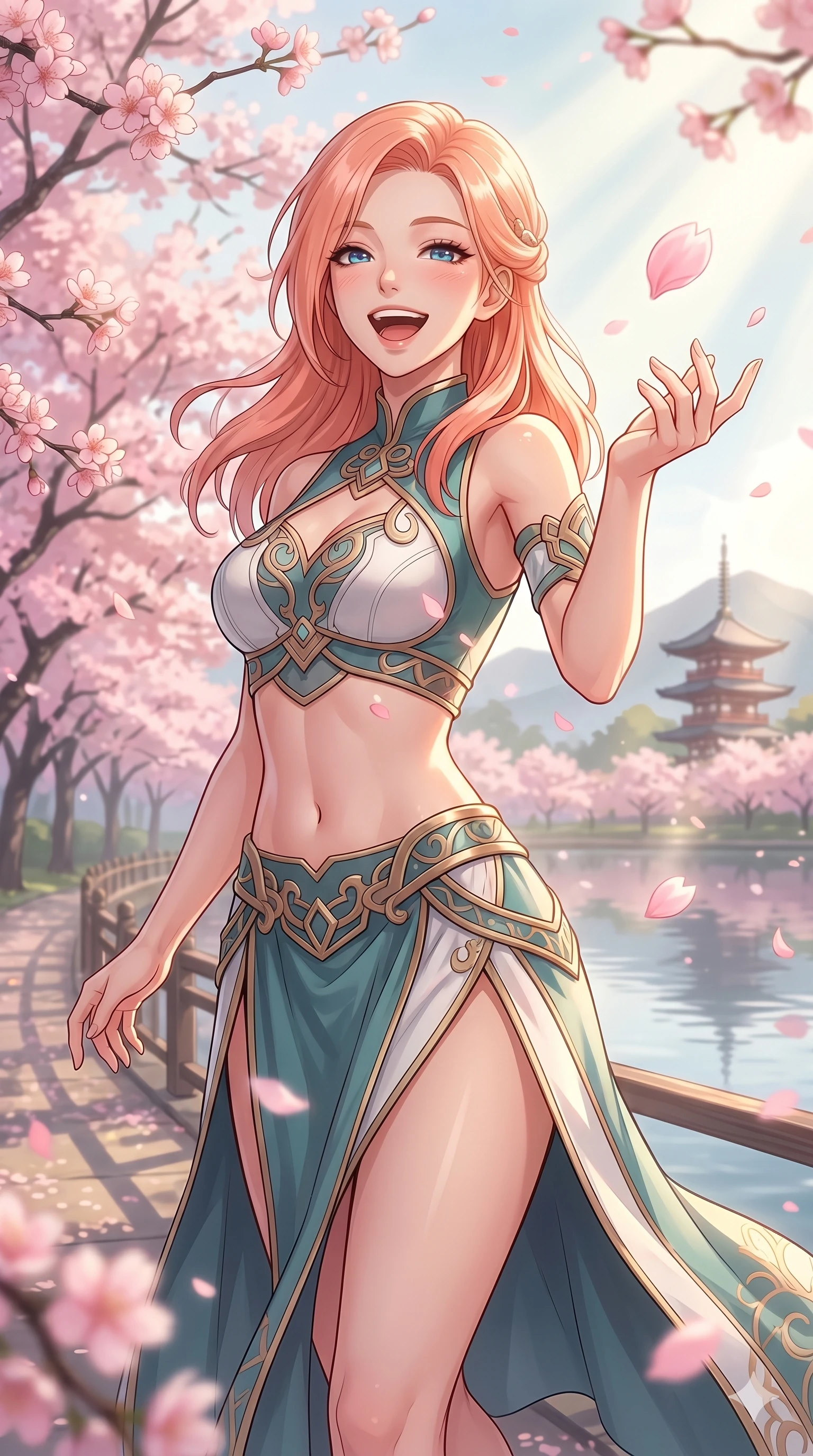 score_9, masterpiece, best quality, ultra-detailed, high-budget anime keyframe, vibrant anime aesthetic, Japanese woman. cowboy shot from the thighs up, character and outfit filling the frame for maximum presence. She is tossing a flower petal with a happy laugh, her face glowing with delight by a scenic lakeside promenade in cherry bloom (Code-P20-104). She has an absolutely perfect 8-heads proportion, an exceptionally tall and slender female figure with impossibly long slender legs and an ultra-slim waist. V-shaped jawline, high-bridge nose, intricate jewel-like eyes with depth, thick eyelashes, glossy lips with a natural sheen. wearing a crop top with exposed midriff and high-slit skirt. She is bathed in soft morning sunbeams filtered through the garden mist, creating a serene aura. 2k, ultra detail, master piece, 9:16 ratio