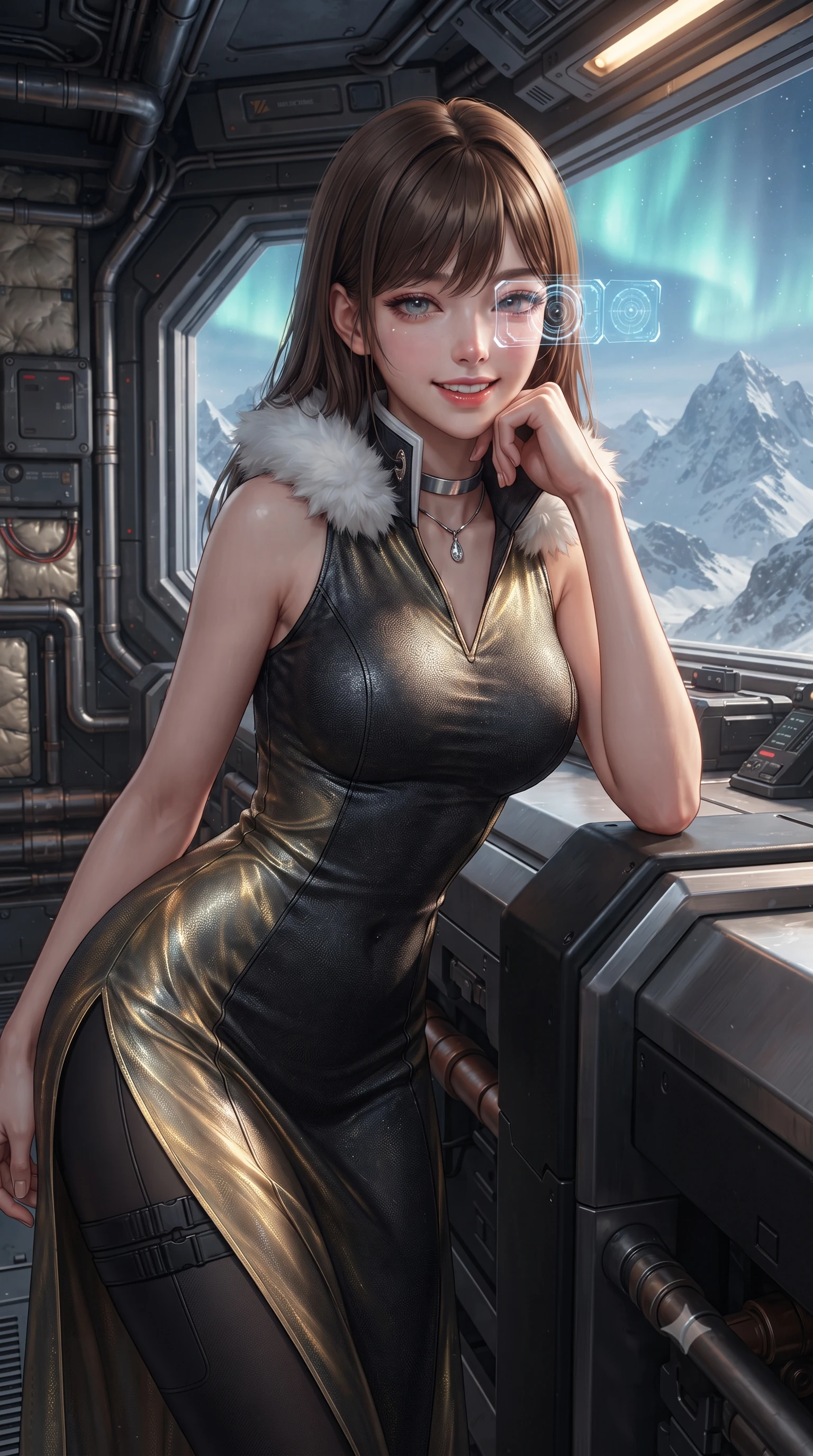 score_9, masterpiece, best quality, ultra-detailed, high-budget anime keyframe, editorial fashion photography, tasteful artistic composition, Korean woman. close-up cowboy shot from the waist and thighs up, the character dominates the composition, filling the frame with her large presence. resting one elbow on the table and supporting her chin, leaning close to the camera with heavy-lidded sparkling eyes and parted lips while leaning against the tactical parapet with hips cocked back, looking through illuminated holographic sniper optics toward frozen mountain peaks with bedroom-eyes. The surrounding environment is rendered in vivid detail and crisp panoramic clarity: detailed wool-blend thermal officer tailoring, fur-lined collar trim, and extreme-weather outpost engineering in high resolution. She has an exceptionally elegant, slender, and willowy female figure with an ultra-slim waist, flat toned midriff, narrow ribcage, and sculpted feminine hips creating an alluring, slim hourglass silhouette without bulk. sharp v-shaped jawline, high-bridge nose, intricate jewel-like sparkling eyes with depth, thick eyelashes, glossy parted lips with a natural peach sheen, bright cheerful beaming smile with an enchanting and coquettish sensual glint, exuding both youthful cute charm and seductive allure, flawlessly proportioned anatomical accuracy, strict slender model proportions, natural body alignment, perfectly sculpted long slender limbs, ultra-slim waistline, clean dynamic posture without body distortion. wearing a form-contouring gossamer silk chiffon combat slip dress with a hip-high slit and open cowl back clinging with dewy moisture in solar-wind gold and deep space void black, crafted from translucent silk organza with an ethereal crystalline sheen, finished with a minimalist chrome choker and a single teardrop diamond pendant, the bespoke structured tailoring following the natural line of her 8.5-heads silhouette with refined elegance. bathed in the natural undulating luminescence of polar auroras contrasted with warm 2500K dome interior cove lighting. ultra-reflective glossy finish, specular highlights, rich textural contrasts, high-contrast stereoscopic depth, volumetric dynamic lighting, 2k, ultra detail, master piece, 9:16 ratio