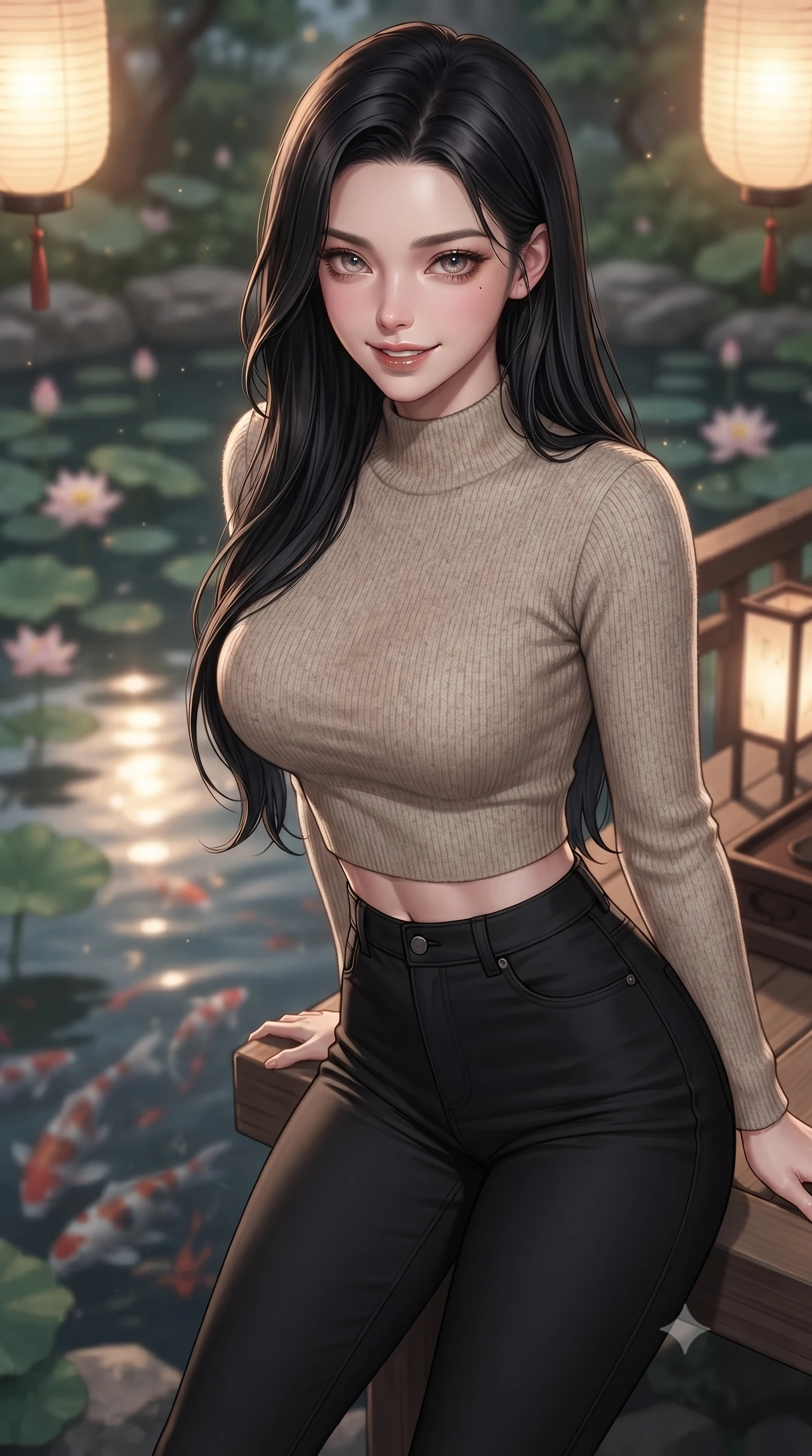 score_9, masterpiece, best quality, ultra-detailed, high-budget anime keyframe, editorial fashion photography, tasteful artistic composition, Korean woman. close-up cowboy shot from the waist and thighs up, the character dominates the composition, filling the frame with her large presence, background elements kept in soft focus. leaning slightly forward with a playful, teasing smile, her gaze locked onto the viewer the background shows a soft-focus a quiet garden tea deck overlooking a lotus pond with koi fish swimming below. She has an exceptionally elegant, slender, and willowy female figure with an ultra-slim waist, a gracefully sculpted slender torso, and a refined silhouette. sharp v-shaped jawline, high-bridge nose, intricate jewel-like eyes with depth, thick eyelashes, glossy lips with a natural sheen. wearing a body-hugging tight-fitting crop sweater in oatmeal wool, paired with high-waisted form-fitting pants. warm paper lantern light reflecting off the still water surface. ultra-reflective glossy finish, specular highlights, metallic sheen, high-contrast stereoscopic depth, volumetric dynamic lighting, 2k, ultra detail, master piece, 9:16 ratio