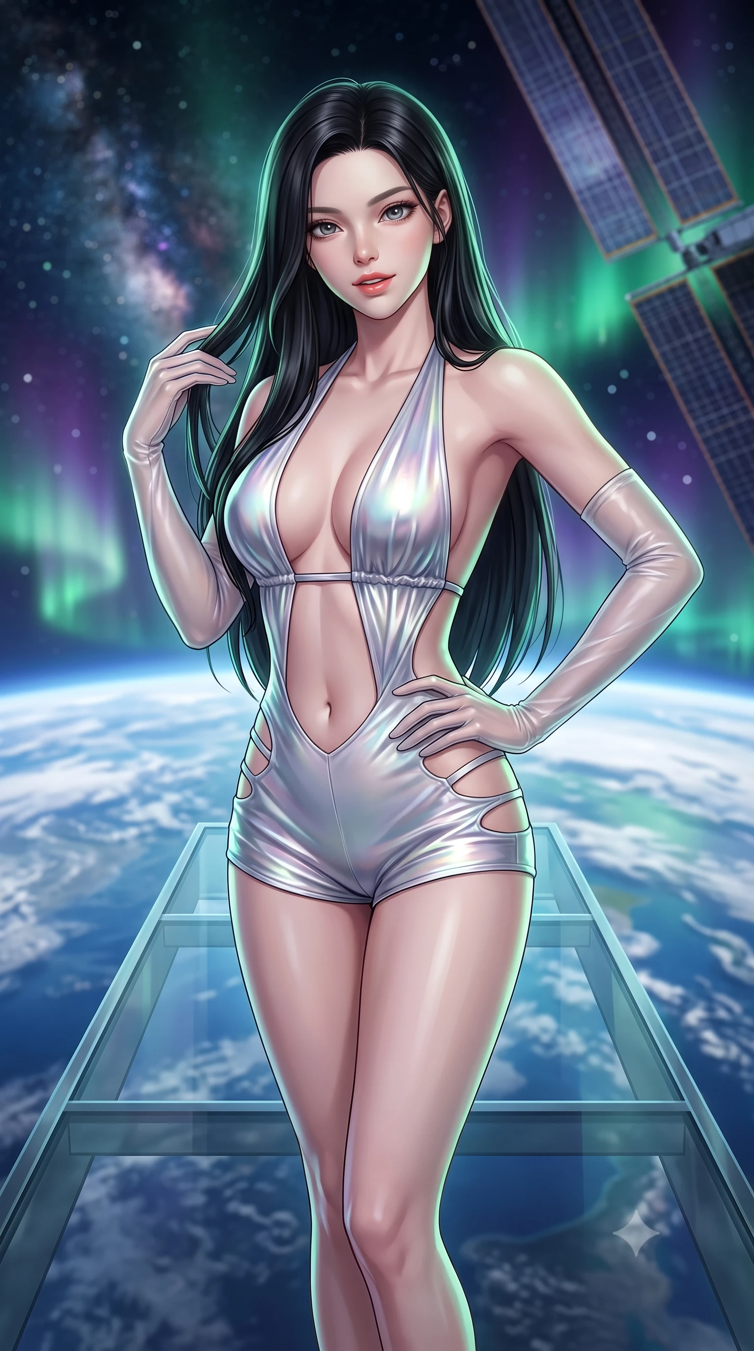 score_9, masterpiece, best quality, ultra-detailed, high-budget anime keyframe, semi-realistic 3D game render, editorial fashion photography, tasteful artistic composition, Korean woman. close-up cowboy shot from the waist and thighs up, the character dominates the composition, filling the frame with her large presence. tilting her head with a teasing half-smile, running one hand slowly down the side of her hip in a flirtatious S-curve as ambient light caresses her silhouette while standing poised on the completely transparent cantilevered catwalk directly above swirling blue ocean clouds of Earth, arching her back with breathless anime heroine charisma. The background shows a soft-focus swirling green and violet polar auroras dancing across Earth's curve, dense Milky Way star clusters, and solar array wings blurred into emerald, amethyst, and sapphire bokeh. She has an exceptionally elegant, slender, and willowy female figure with an ultra-slim waist, flat toned midriff, narrow ribcage, and sculpted feminine hips creating an alluring, slim hourglass silhouette without bulk. sharp v-shaped jawline, high-bridge nose, intricate jewel-like sparkling eyes with depth, thick eyelashes, glossy parted lips with a natural peach sheen, bright cheerful beaming smile with an enchanting and coquettish sensual glint, exuding both youthful cute charm and seductive allure, flawlessly proportioned anatomical accuracy, strict slender model proportions, natural body alignment, perfectly sculpted long slender limbs, ultra-slim waistline, clean dynamic posture without body distortion. wearing a daring low-cut halterneck romper with exposed midriff and strappy hip cutouts in iridescent mother-of-pearl and liquid molten silver, crafted from fluid liquid silk satin that clings smoothly to her narrow waist and rounded hips with a dewy sheen, complemented by sheer opera-length evening gloves tracing her slender arms, the impeccably tailored cut draping gracefully along her slender figure with aristocratic poise. illuminated by Earth albedo reflection bounce and sharp aurora-emerald rim lights sculpting her jawline, narrow waist, and curvy hips. highly saturated vibrant anime colors, detailed shading with soft gradients, rich glossy textures, high-contrast stereoscopic depth, volumetric dynamic lighting, master piece, 9:16 ratio