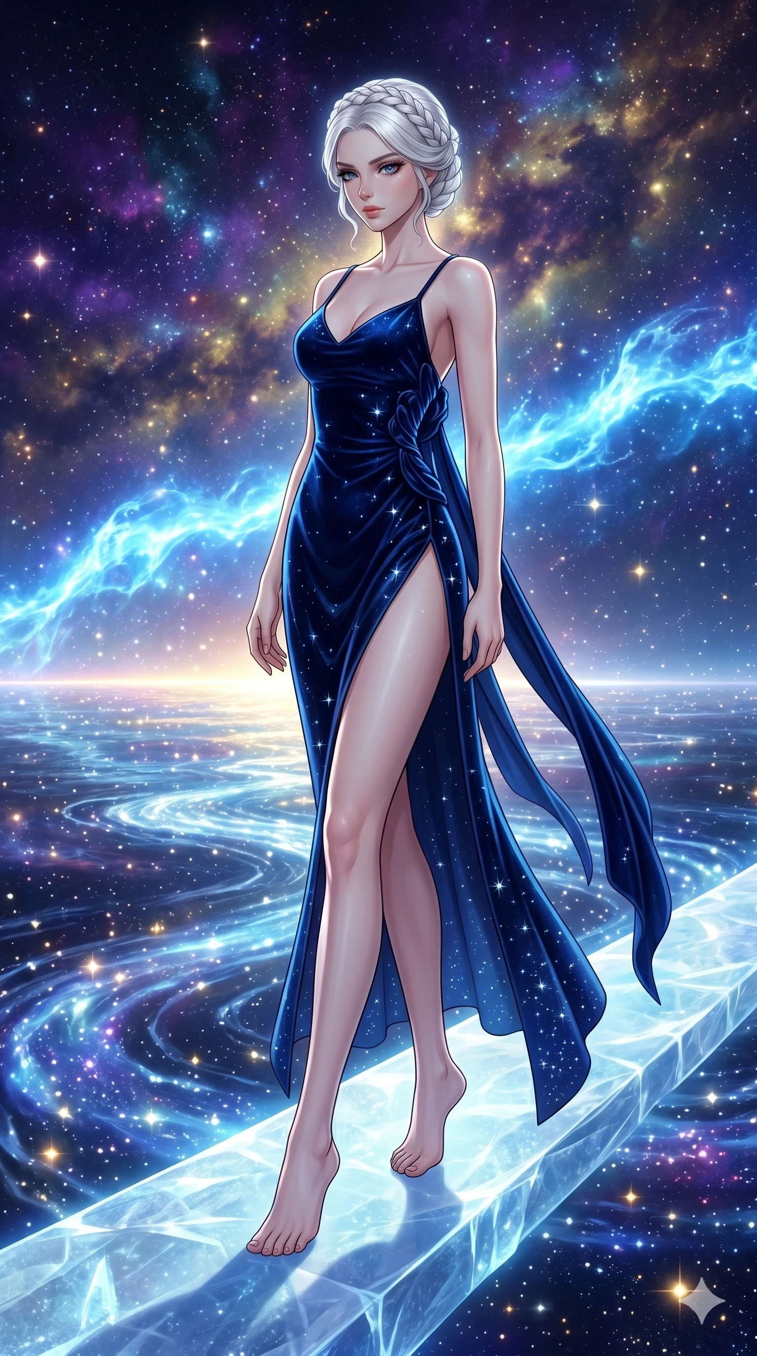 score_9, masterpiece, best quality, ultra-detailed, High-budget Anime Keyframe, beautiful Japanese anime girl. Low angle cowboy shot filling the entire 9:16 frame with her statuesque presence. Standing on a bridge of light over a river of liquid starlight in a cosmic dimension. She has an absolutely perfect 8-heads proportion, an exceptionally tall and slender female figure with impossibly long slender legs and an ultra-slim waist. Sharp v-shaped jawline, high-bridge nose, intricate jewel-like eyes with depth, thick eyelashes, glossy lips with a natural sheen. Wearing a High-Fashion Editorial outfit: midnight blue slip dress with a dangerously high side slit and velvet detail. Background is a bright and colorful starry sea with a glowing blue wave and nebula sky. 2k, ultra detail, master piece, 9:16 ratio