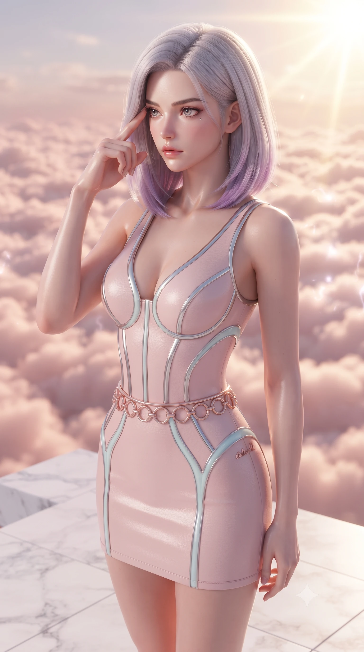score_9, masterpiece, best quality, ultra-detailed, high-budget anime keyframe, editorial fashion photography, tasteful artistic composition, Caucasian woman. close-up cowboy shot from the waist and thighs up, the character dominates the composition, filling the frame with her large presence, background elements kept in soft focus. Pressing two fingers to her temple in a composed, sharp thoughtful gesture, standing on a white marble terrace floating high above a sea of rose-gold cloud waves, white marble terrace creating a crisp architectural ground plane. She has an exceptionally elegant, slender, and willowy female figure with an ultra-slim waist, a gracefully sculpted slender torso, and a refined silhouette. sharp v-shaped jawline, high-bridge nose, intricate jewel-like eyes with depth, thick eyelashes, glossy lips with a natural sheen. wearing architectural cut-out pale pink leather mini dress with sculpted gold boning in pale opal seafoam, made of sculpted platinum chrome, trimmed with rose-gold ring hardware along the waist contours, contouring every curve with an exceptionally elegant silhouette. illuminated by soft internal cloud lightning and golden sunbursts. highly saturated vibrant anime colors, detailed shading with soft gradients, rich glossy textures, high-contrast stereoscopic depth, volumetric dynamic lighting, master piece, 9:16 ratio