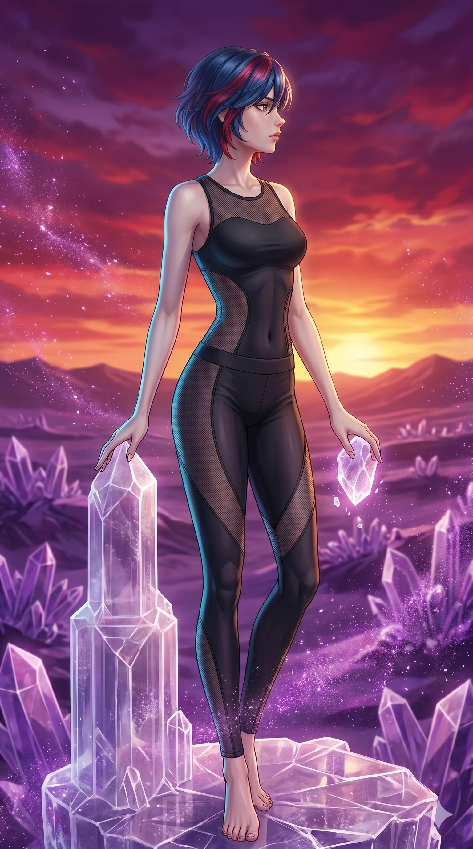 score_9, masterpiece, best quality, ultra-detailed, high-budget anime keyframe, Korean woman. upper body close-up from the thighs up, character filling the screen for maximum presence. standing atop a transparent salt crystal tower in a purple crystalline desert as winds blow shimmering purple dust under a crimson sunset. She has an absolutely perfect 8-heads proportion, an exceptionally tall and slender female figure with impossibly long slender legs and an ultra-slim waist. V-shaped jawline, high-bridge nose, intricate jewel-like eyes with depth, thick eyelashes, glossy lips with a natural sheen.. wearing a sheer mesh athleisure set, featuring a tight matte black top and leggings with semi-opaque mesh panels tracing the curves of her waist and thighs. lit by a soft glowing ambient light and a sharp side key light that traces the sleek contours of her athletic build. 2k, ultra detail, master piece, 9:16 ratio