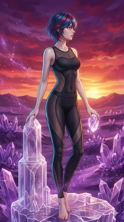 score_9, masterpiece, best quality, ultra-detailed, high-budget anime keyframe, Korean woman. upper body close-up from the thighs up, character filling the screen for maximum presence. standing atop a transparent salt crystal tower in a purple crysta