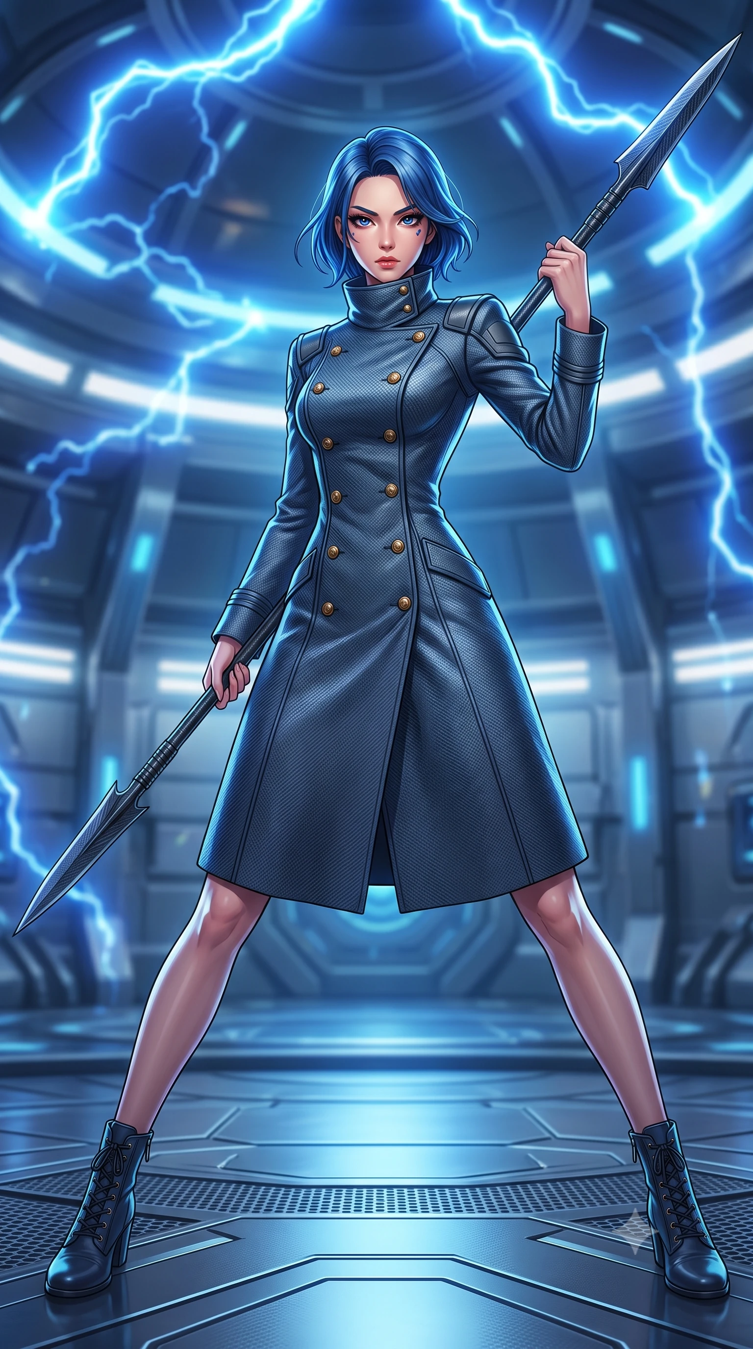 score_9, masterpiece, best quality, ultra-detailed, high-budget anime keyframe, editorial fashion photography, tasteful artistic composition, Korean woman. low angle full-body shot from head to toe showing her feet, filling the entire 9:16 vertical frame with her statuesque presence, stretching her vertical silhouette. standing in a dynamic combat stance with a carbon-fiber spear held diagonally, stretching her statuesque body, the background shows a soft-focus a cybernetic combat dome with electric blue plasma arcs dancing on the ceiling. She has an absolutely perfect, statuesque 8.5-heads proportion, an exceptionally tall and slender model-like female figure with impossibly long slender legs and an ultra-slim waist. sharp v-shaped jawline, high-bridge nose, intricate jewel-like eyes with depth, thick eyelashes, glossy lips with a natural sheen. wearing a form-contouring tailored carbon-weave military dress coat with double-breasted brass buttons and a stiff high-collar wrap. pulsing electric blue plasma arc lighting casting dynamic highlights from above. highly saturated vibrant anime colors, detailed shading with soft gradients, rich glossy textures, high-contrast stereoscopic depth, volumetric dynamic lighting, master piece, 9:16 ratio