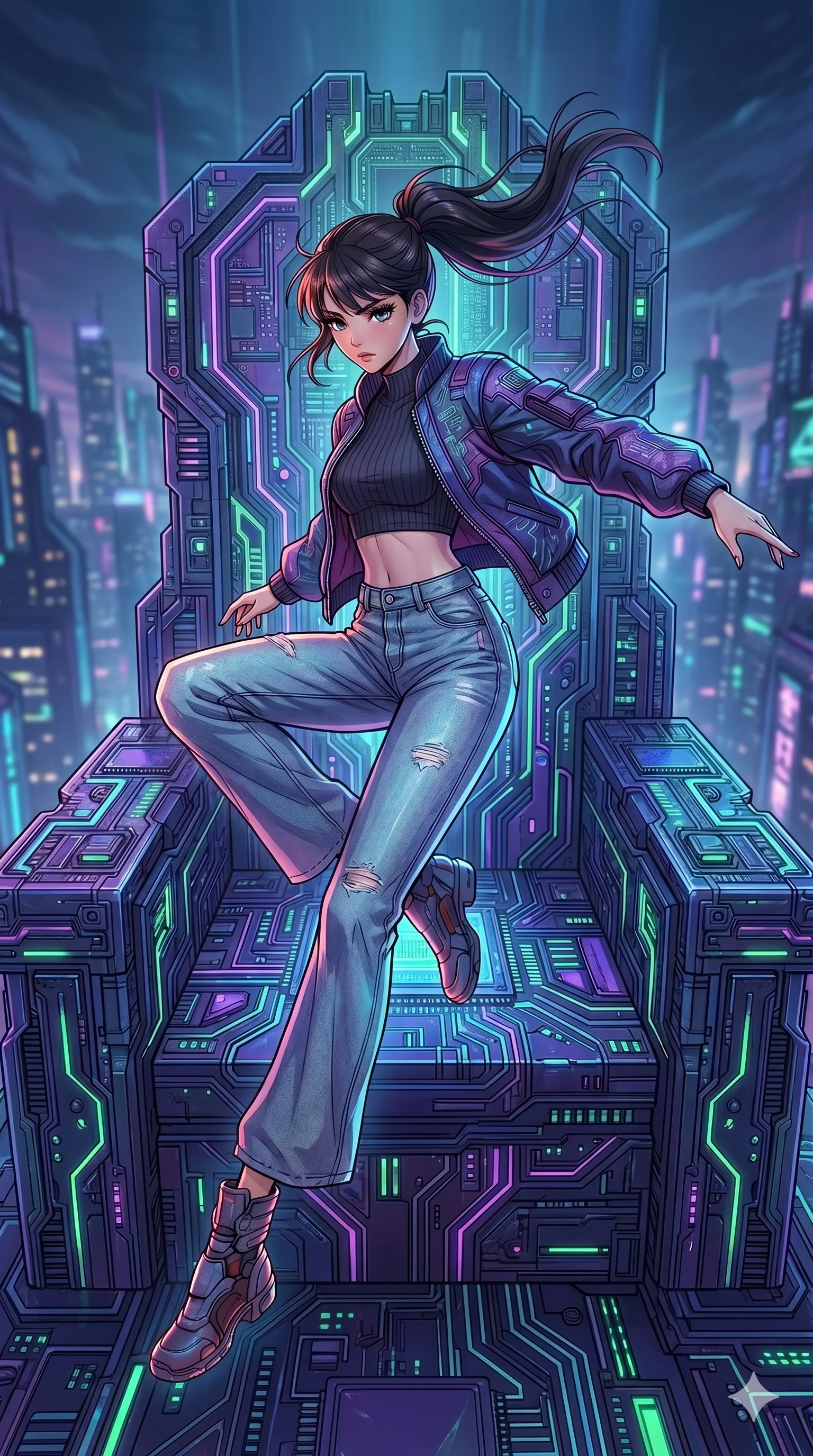 score_9, masterpiece, best quality, ultra-detailed, high-budget anime movie keyframe, cinematic anime lighting, intricate line art, Caucasian (strictly human ears) woman. Dynamic full-body shot stretching the vertical silhouette with extreme perspective. leaping over a giant logic-board throne as it pulses with power. She has an graceful and slender female figure with elegant proportions. strictly human anatomy, two legs only, no extra limbs, clearly defined legs and arms, well-defined anatomy, perfect hands and fingers. sharp v-shaped jawline, high-bridge nose, intricate jewel-like eyes, thick eyelashes, glossy lips. Wearing Urban Trendsetter: Stylish urban outfit with a fitted top, high-waist denim, and a trendy jacket. The scene is illuminated by dramatic atmospheric lighting and vibrant color palettes. , 2k, ultra detail, master piece, 9:16 ratio